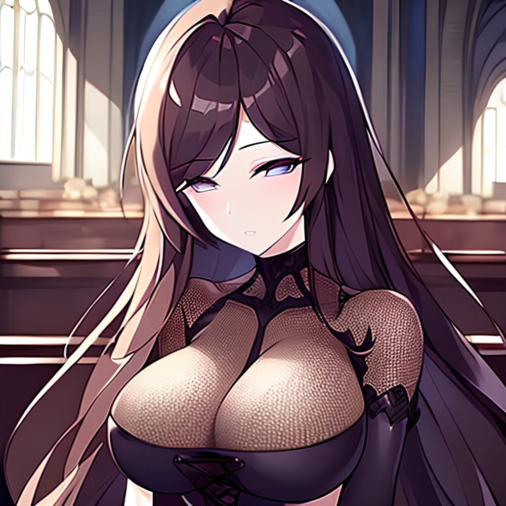 long hair woman church fishnet messy hair brunette 