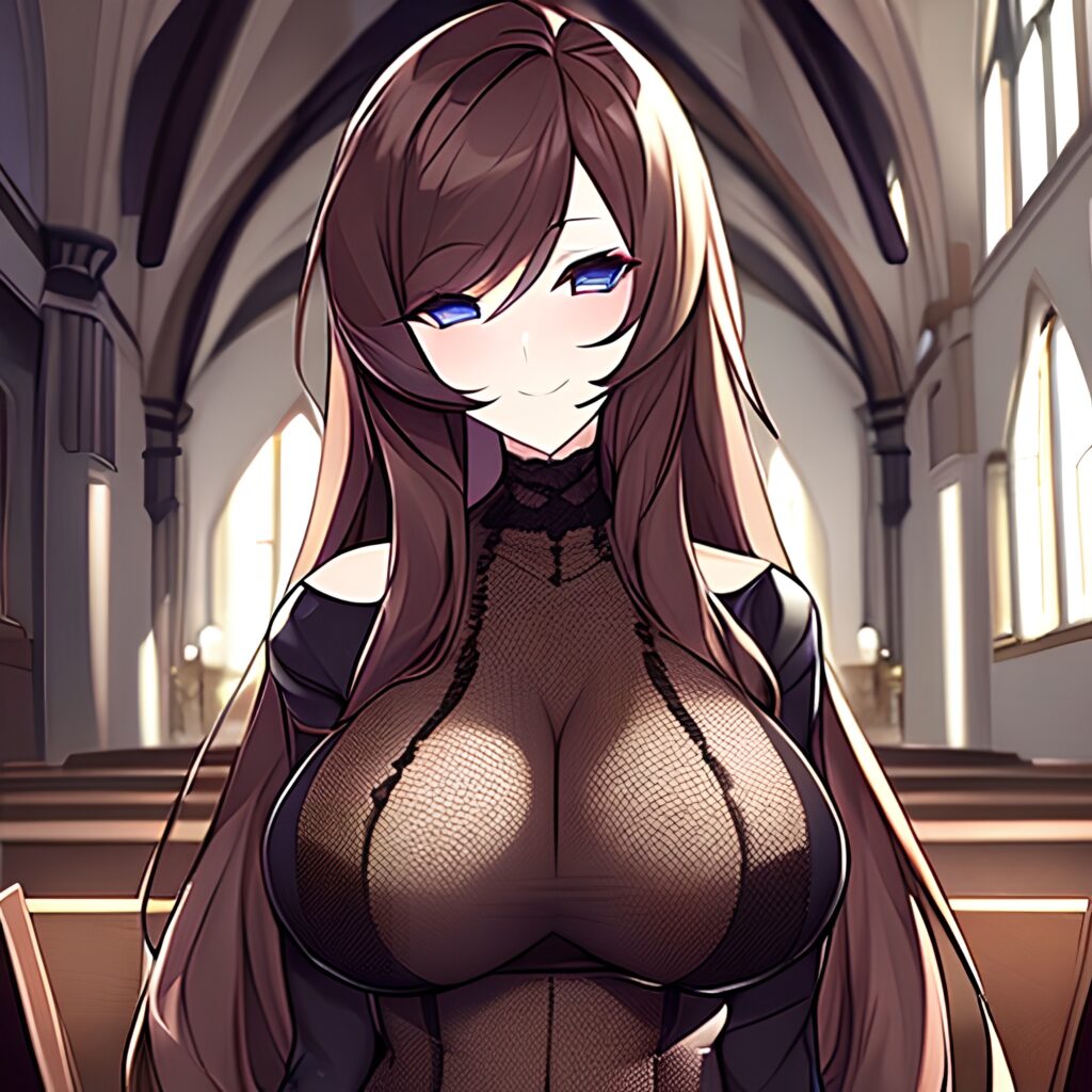 long hair woman church messy hair brunette fishnet 