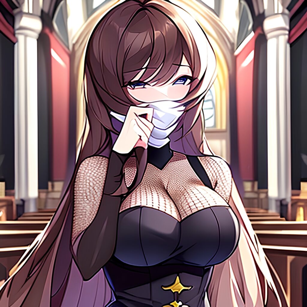 long hair woman church messy hair brunette fishnet