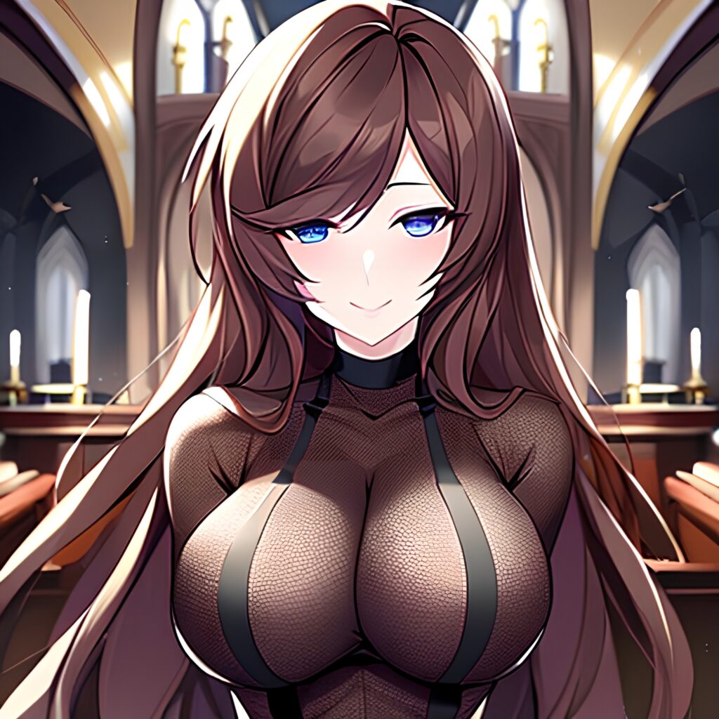 long hair woman church messy hair brunette fishnet 