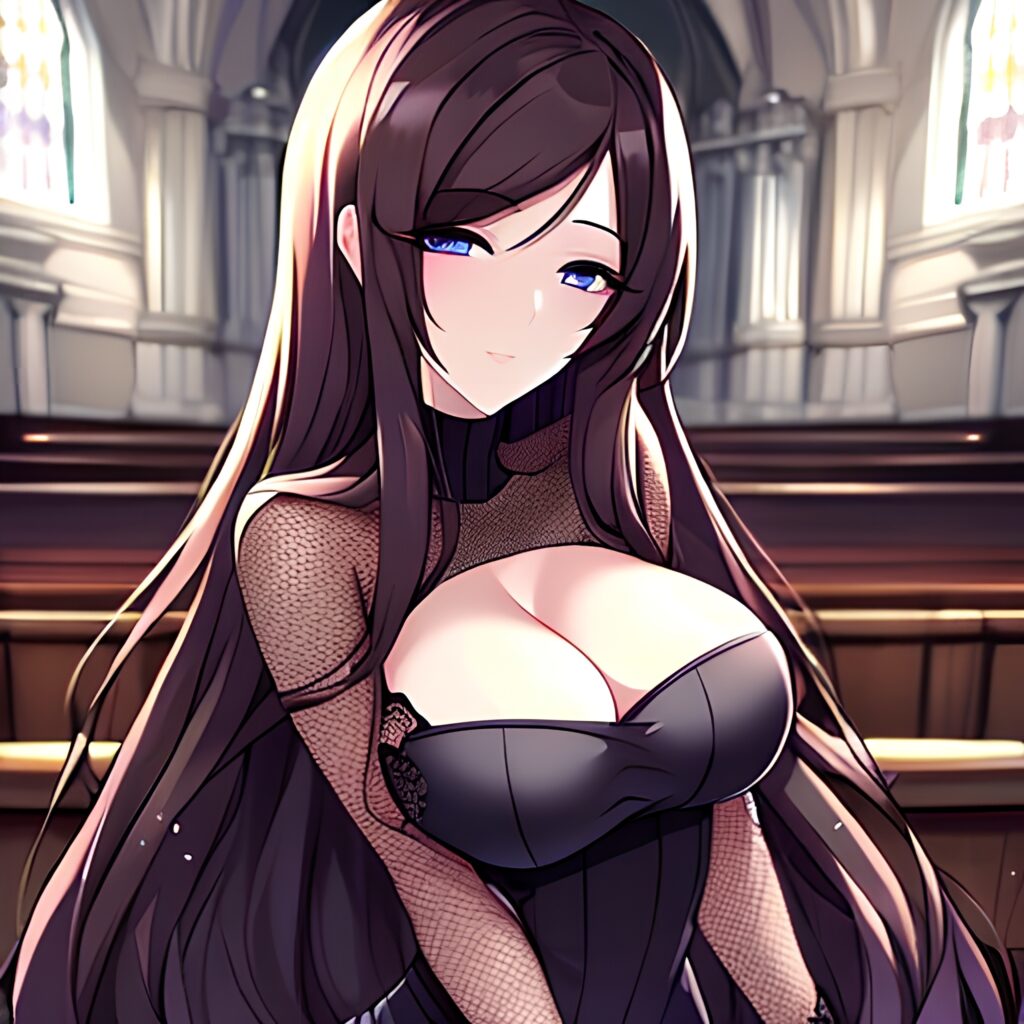 long hair woman church messy hair brunette fishnet 