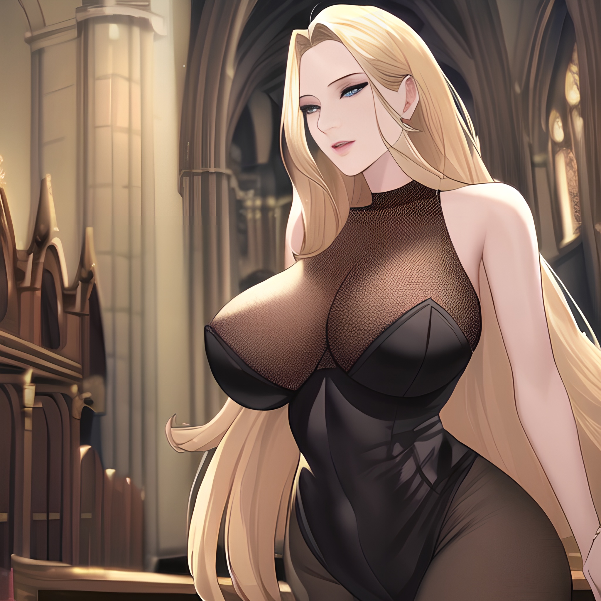 long hair woman church nude front view fishnet small boobs blonde 