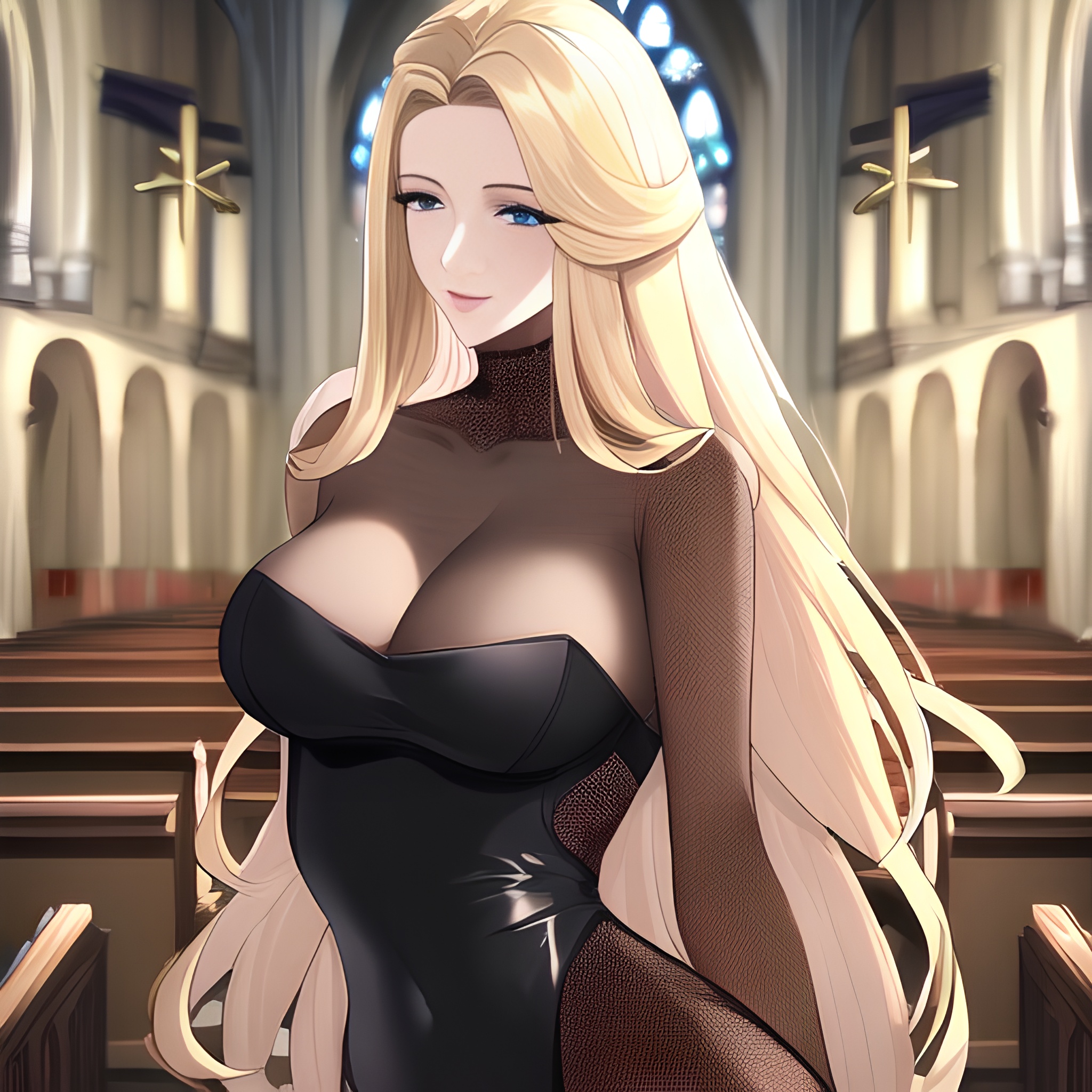 long hair woman church small boobs front view nude fishnet blonde 