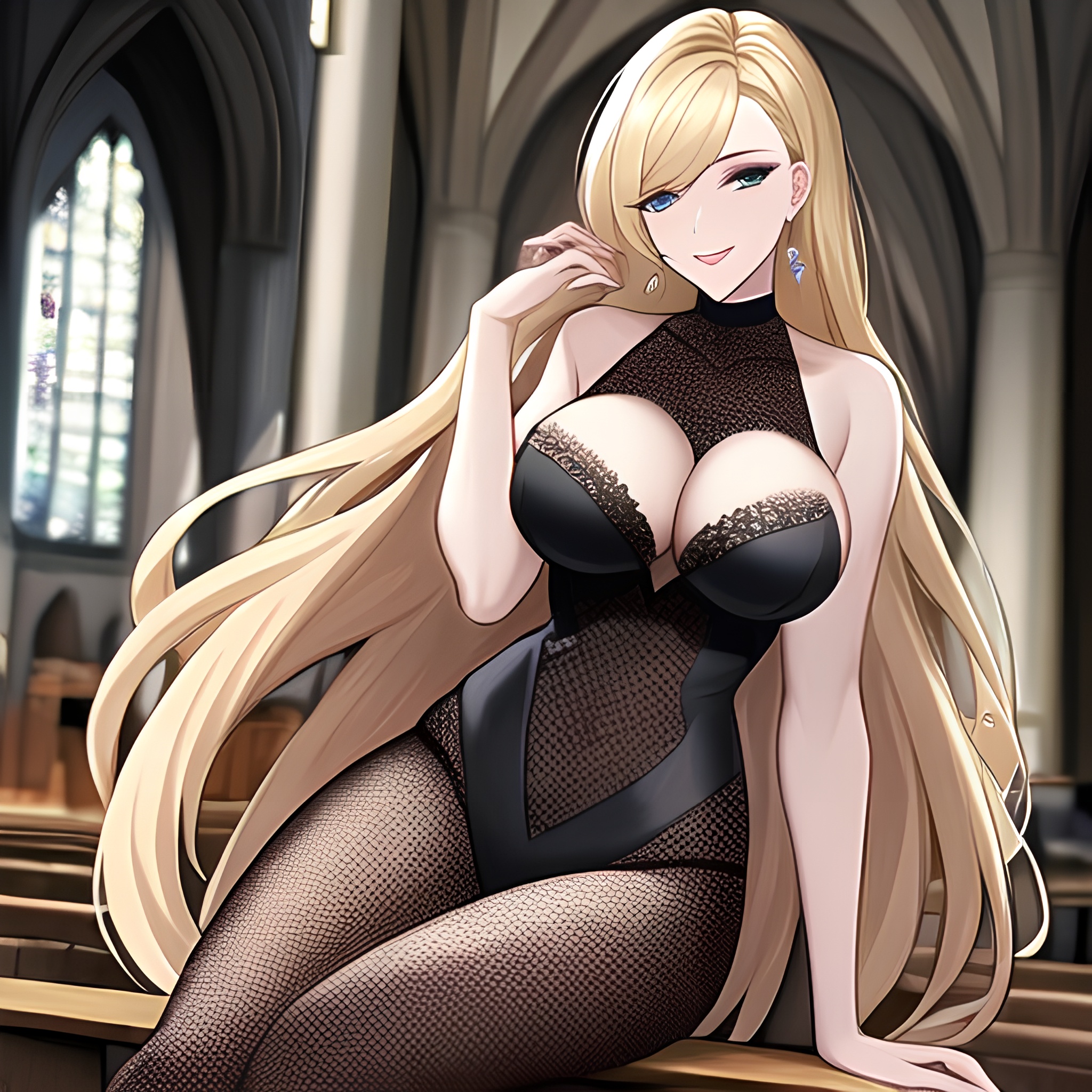 long hair woman fishnet blonde church 