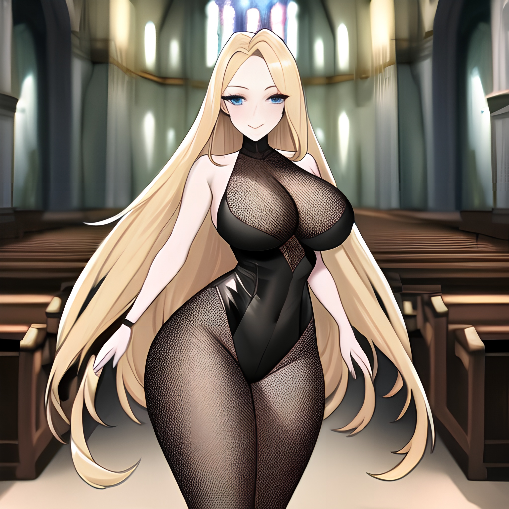 long hair woman fishnet blonde church 