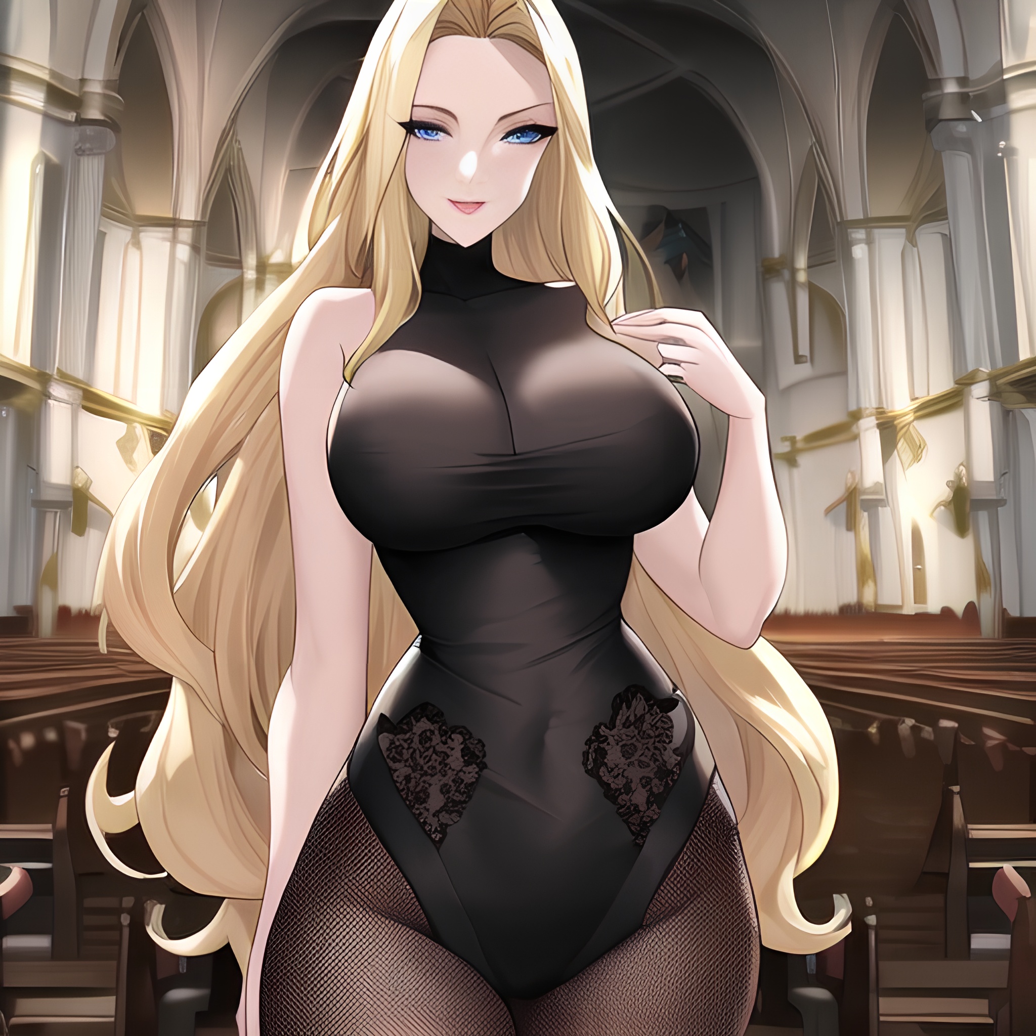 long hair woman fishnet blonde church small boobs front view nude