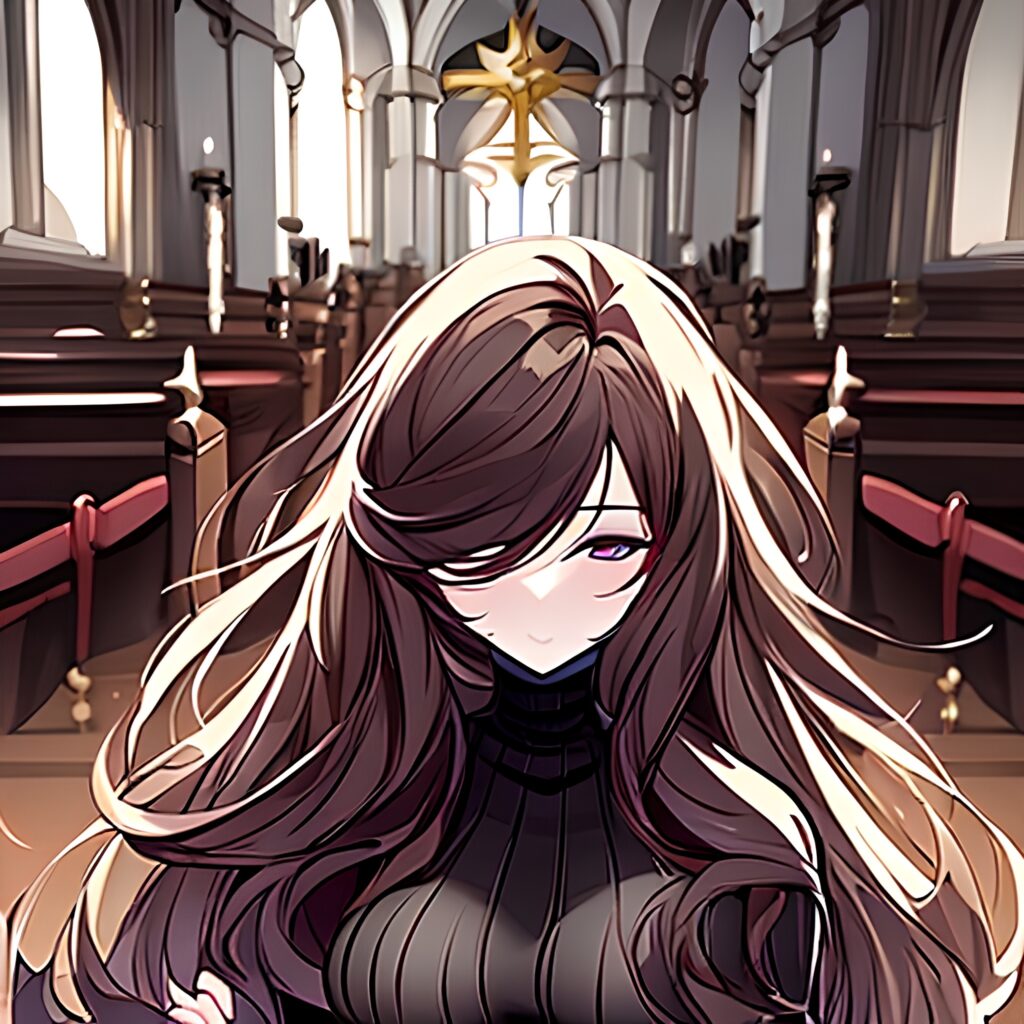 long hair woman fishnet brunette church messy hair 