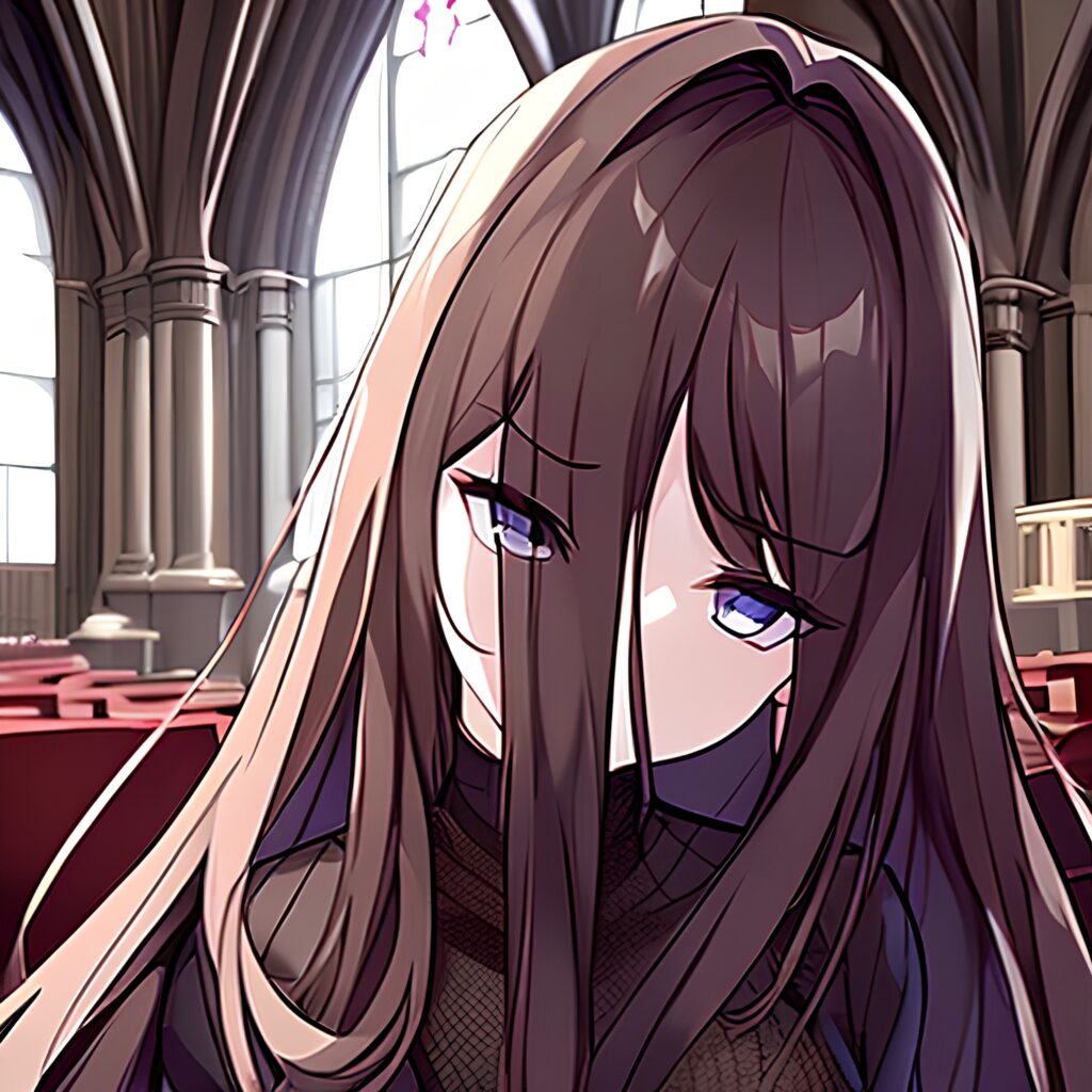 long hair woman fishnet brunette church messy hair 