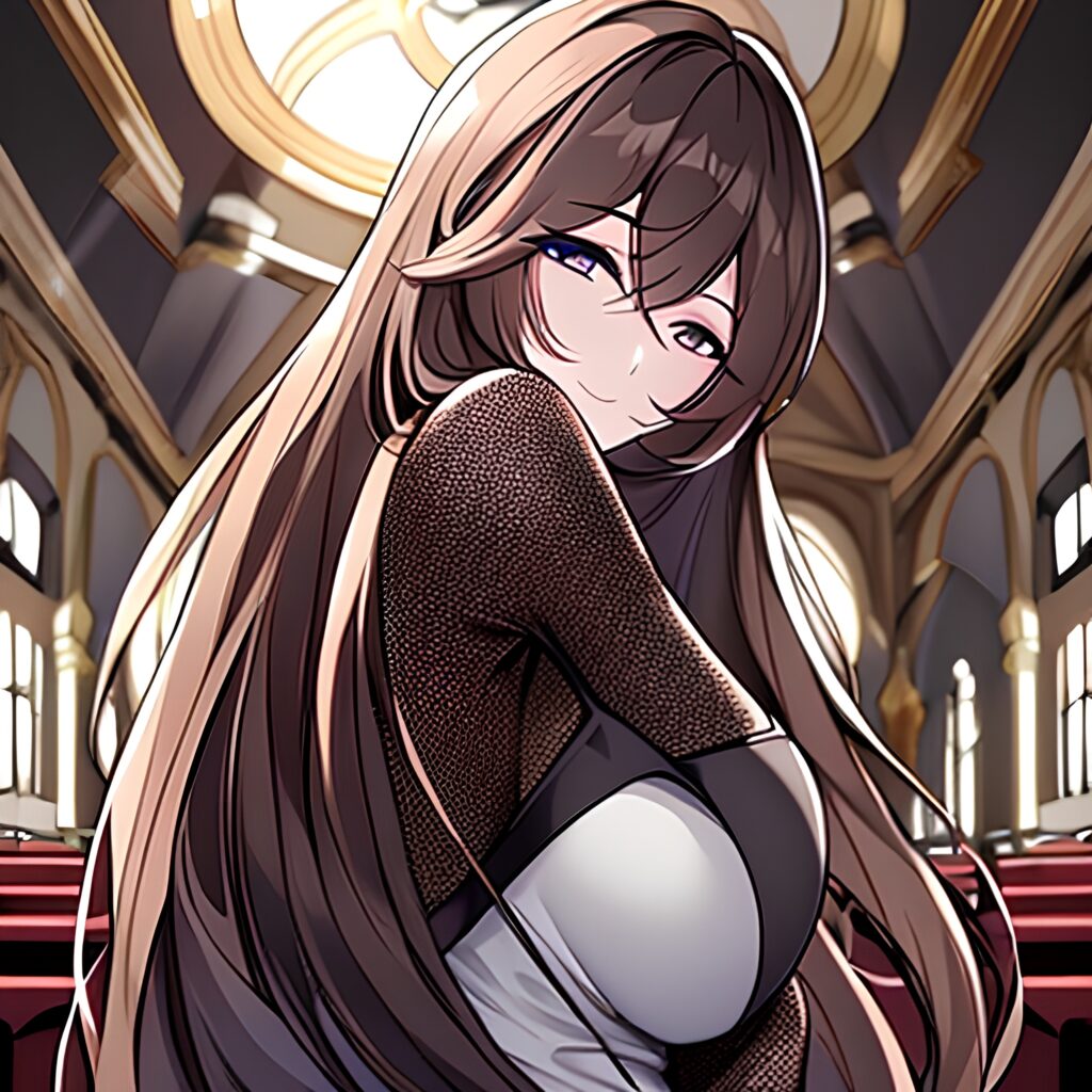 long hair woman fishnet brunette church messy hair 