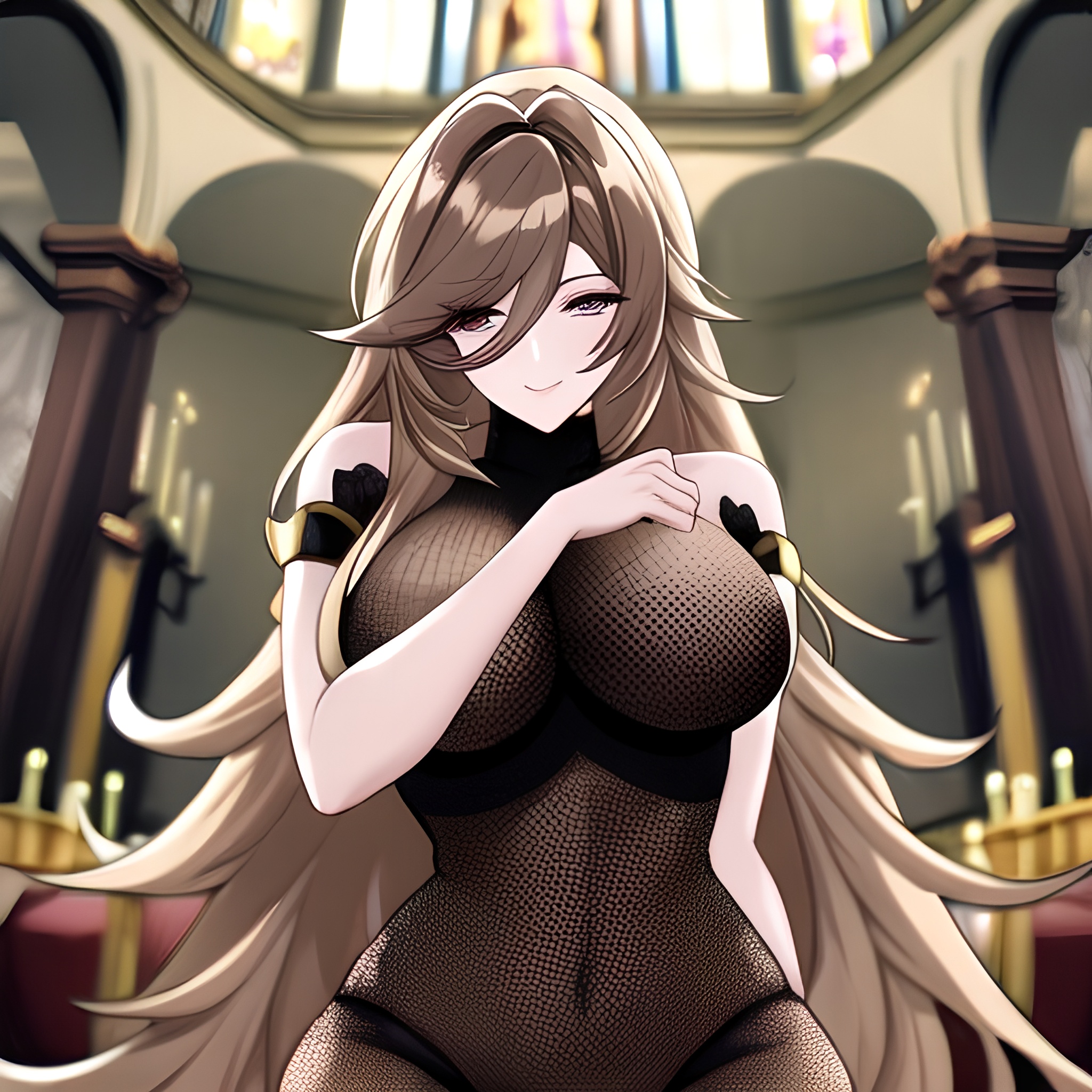 long hair woman fishnet brunette messy hair church