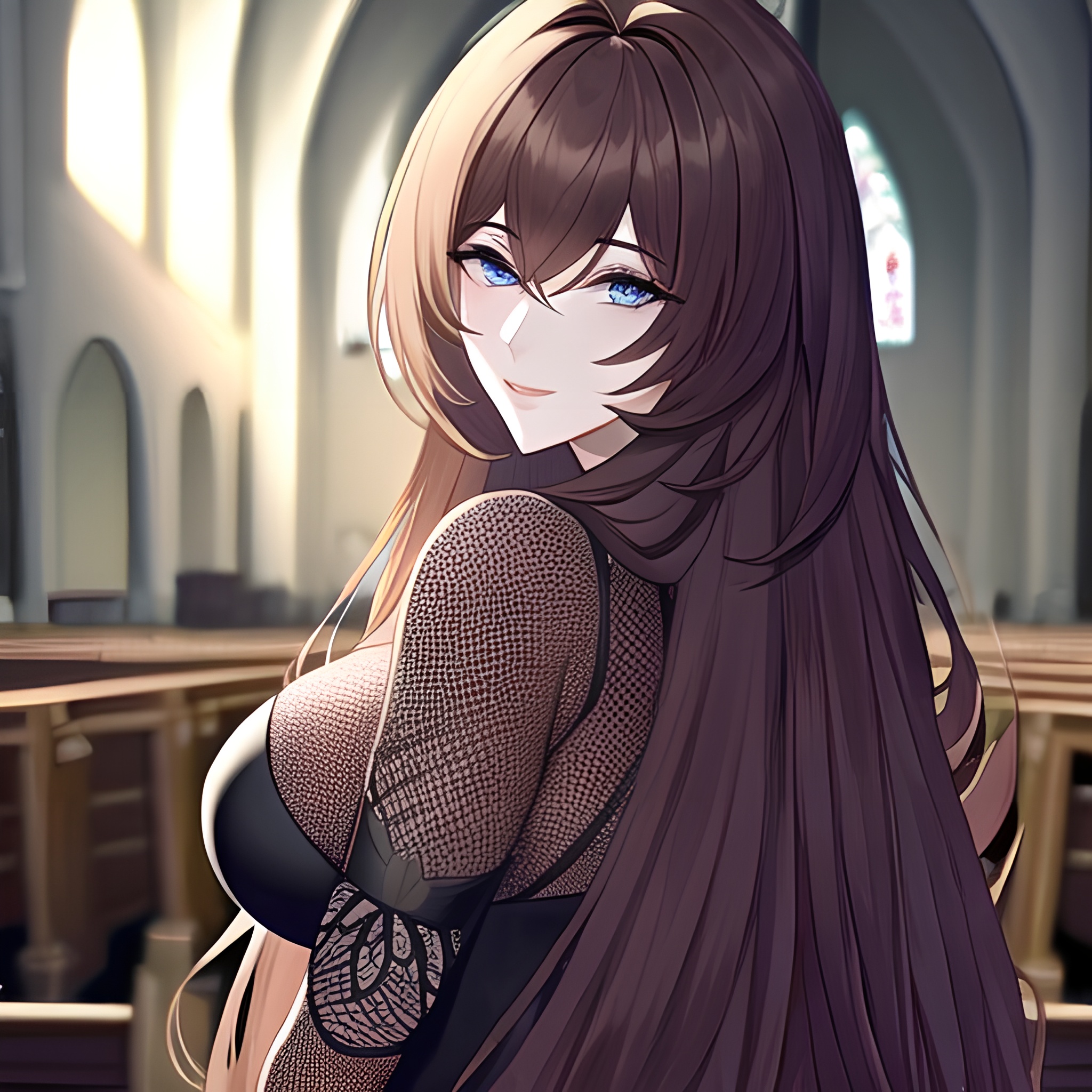 long hair woman fishnet brunette messy hair church 