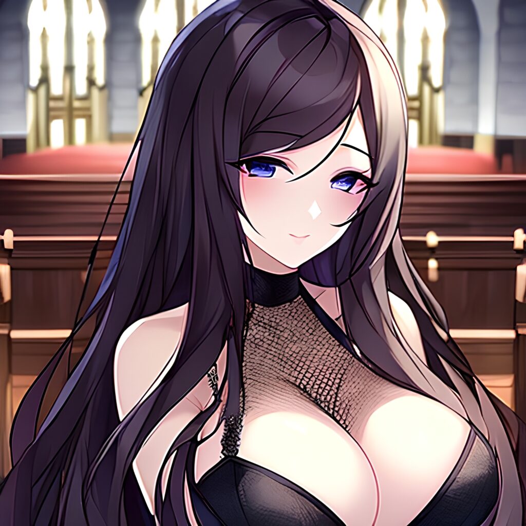 long hair woman fishnet brunette messy hair church 