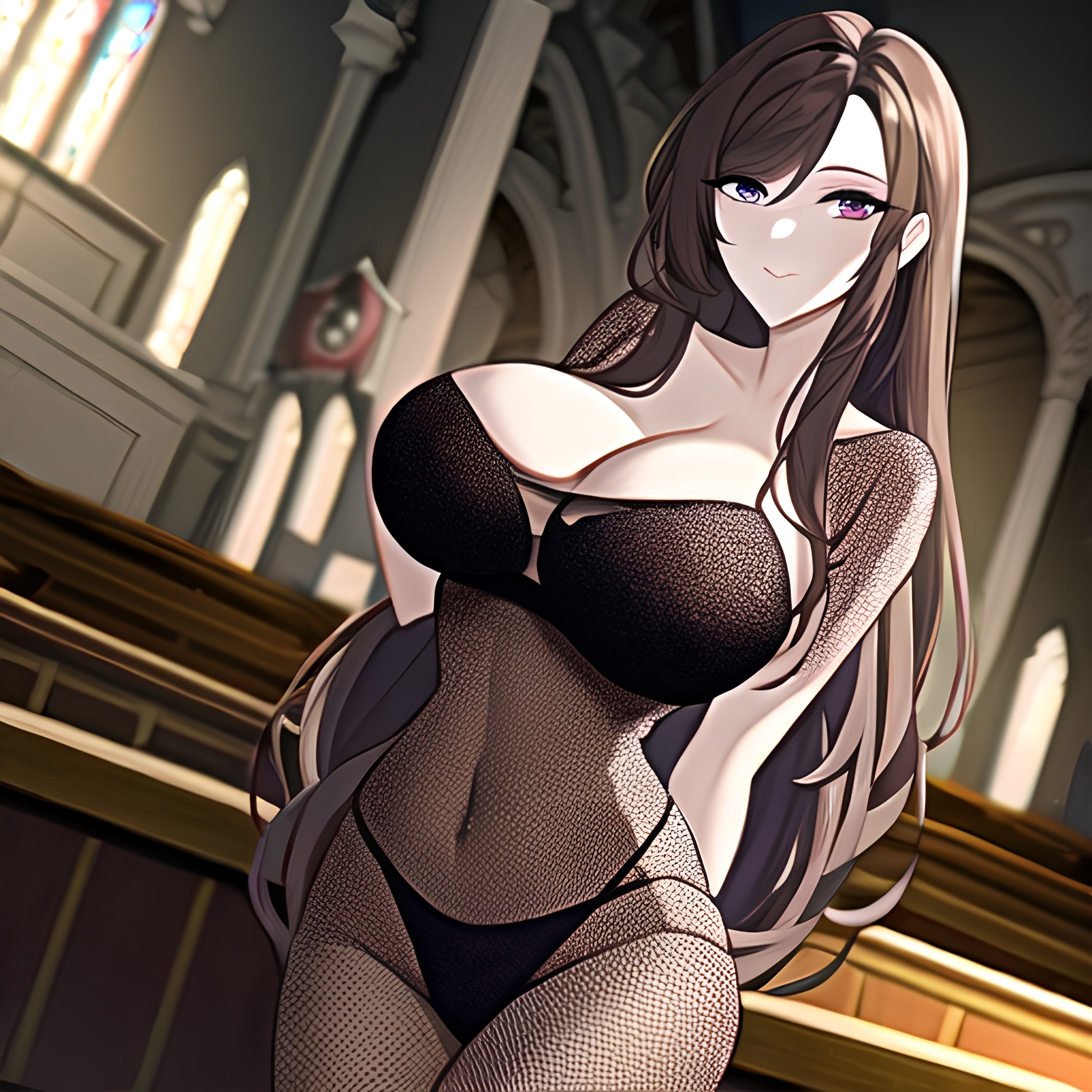 long hair woman fishnet brunette messy hair church 