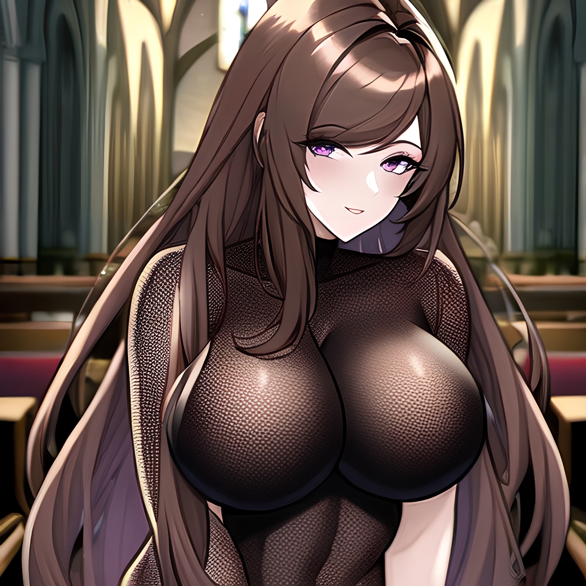 long hair woman fishnet brunette messy hair church 