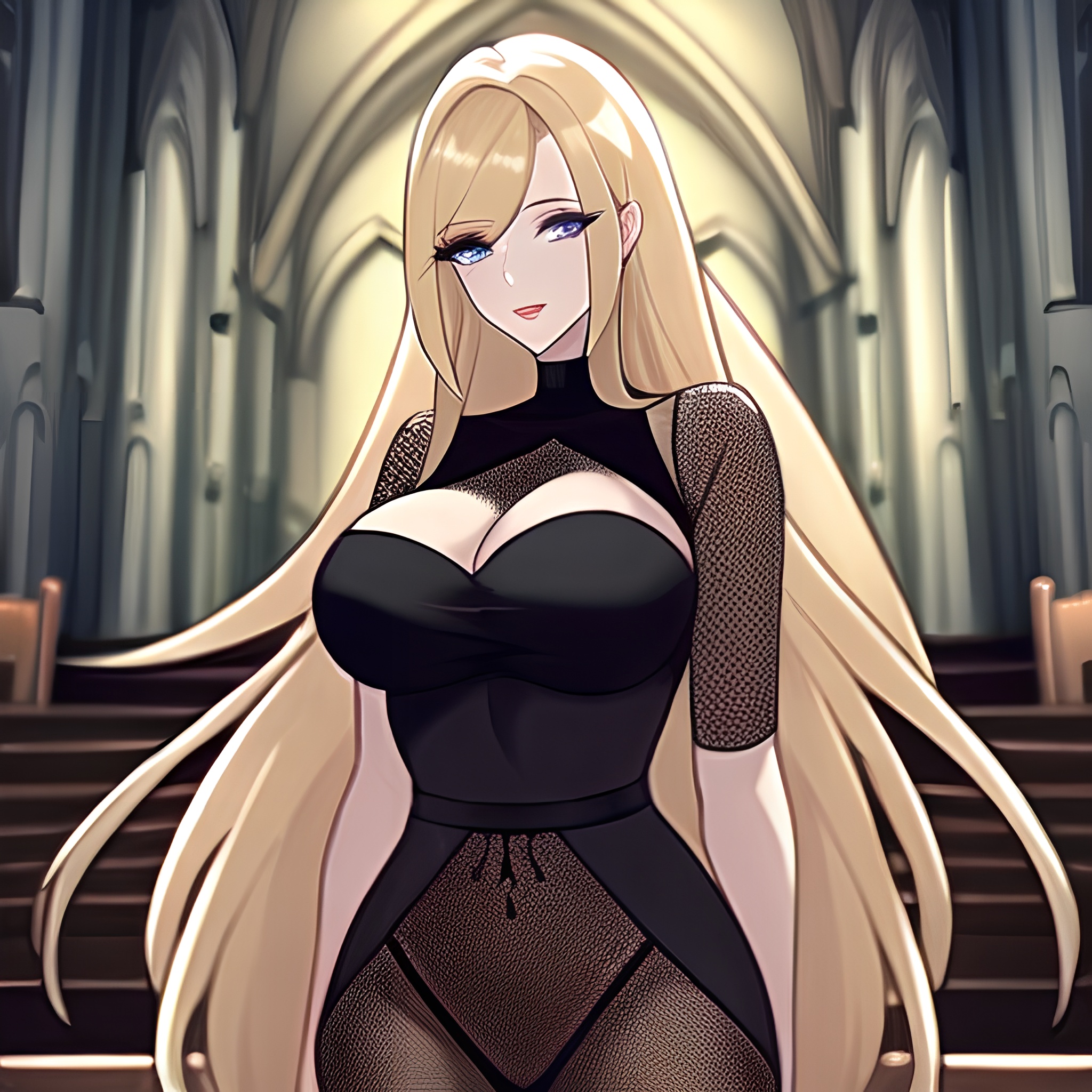 long hair woman fishnet church blonde 