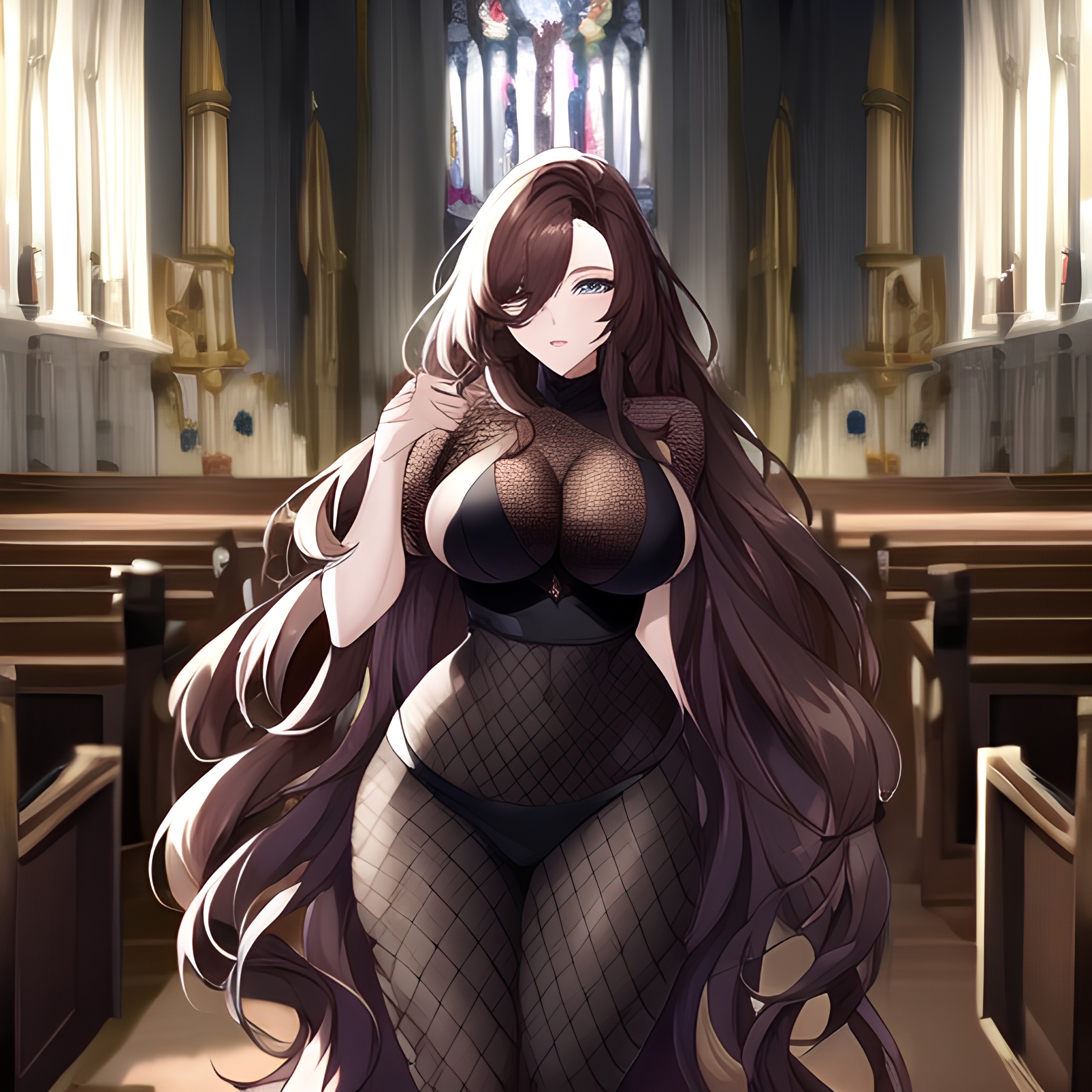 long hair woman fishnet church brunette messy hair 