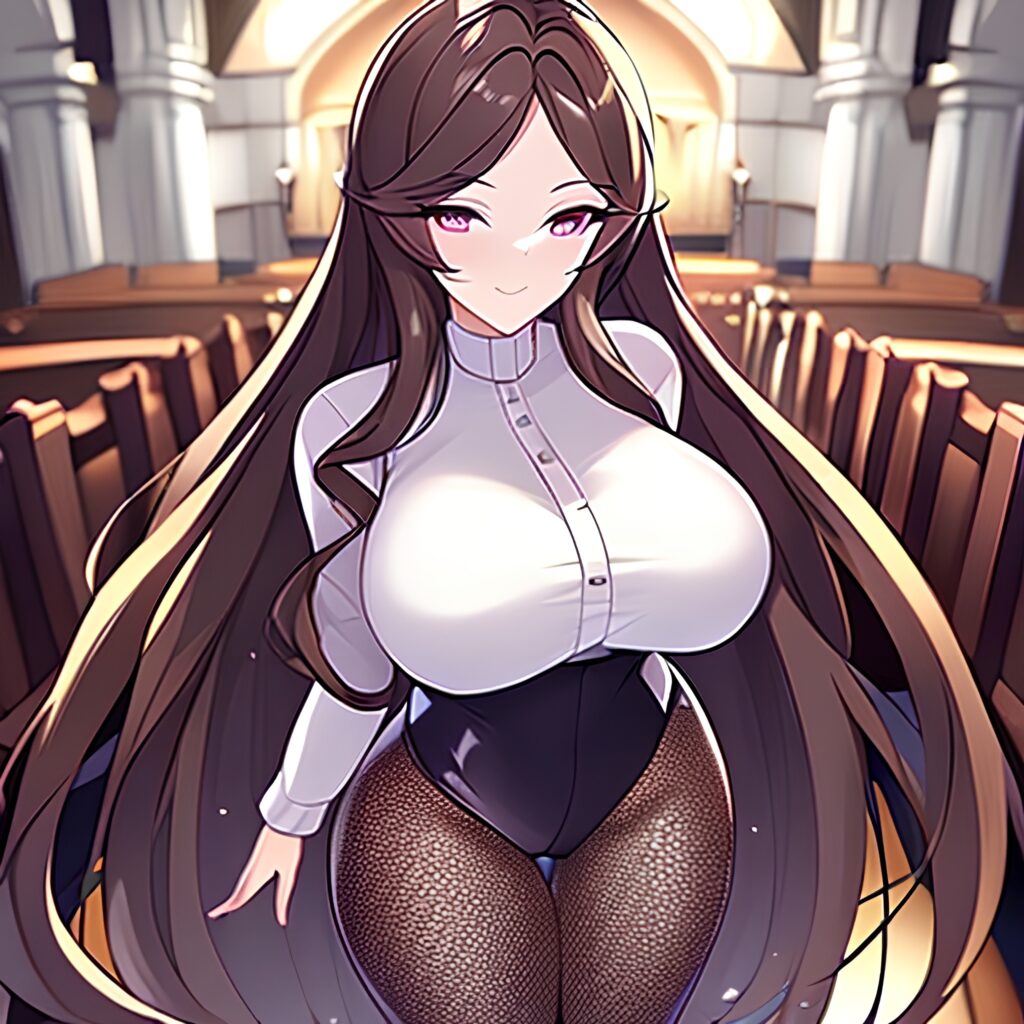long hair woman fishnet church brunette messy hair 