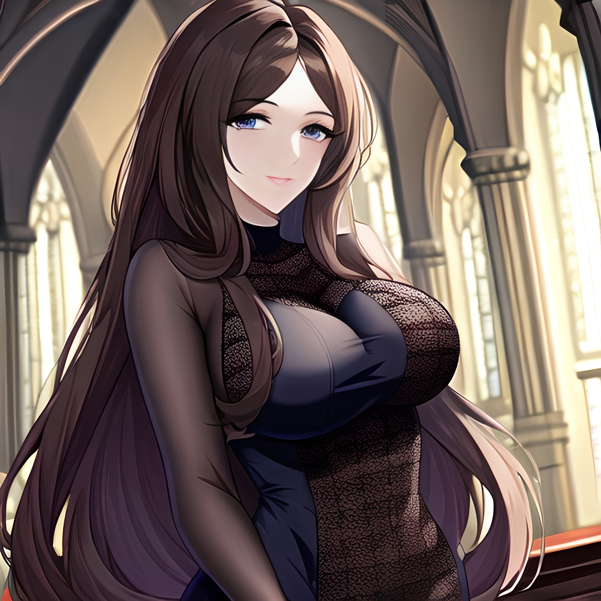 long hair woman fishnet church brunette messy hair 