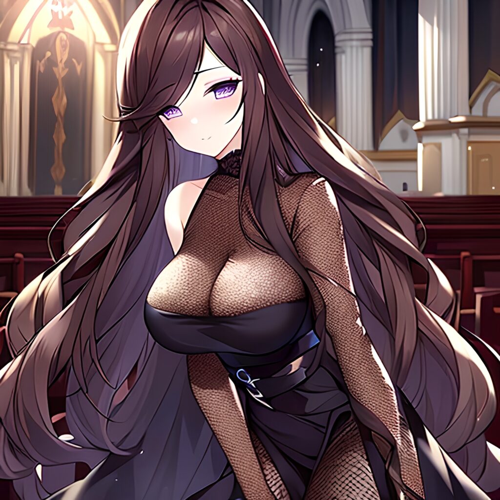 long hair woman fishnet church brunette messy hair 
