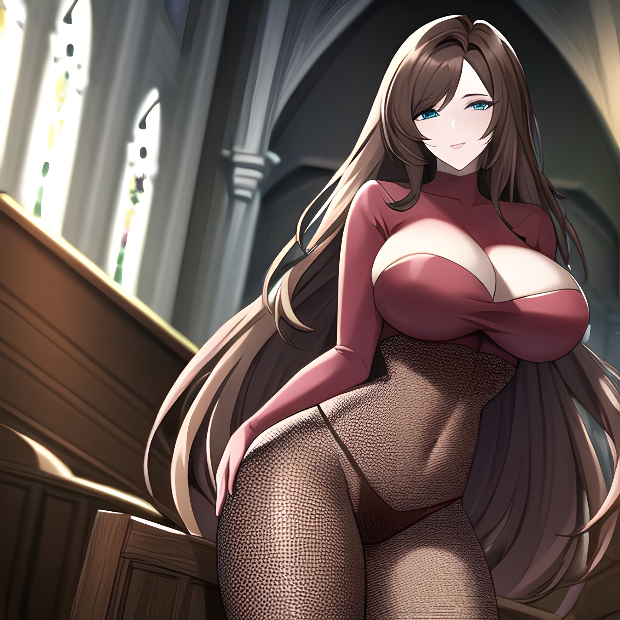 long hair woman fishnet church brunette messy hair 