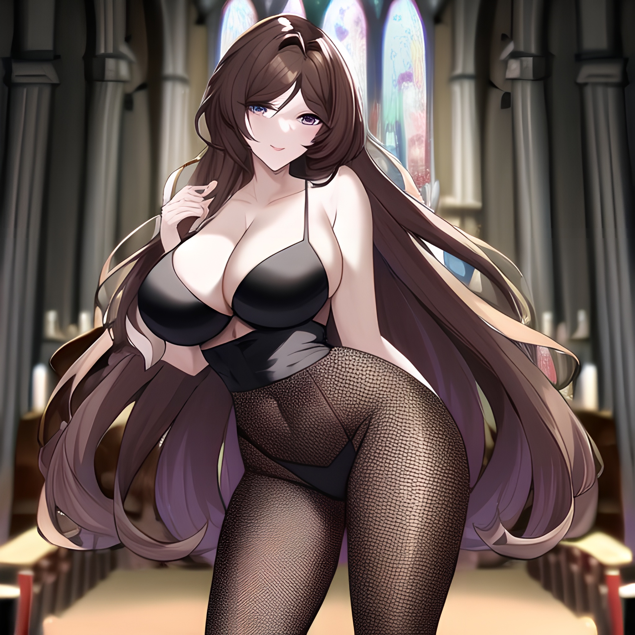 long hair woman fishnet church brunette messy hair 