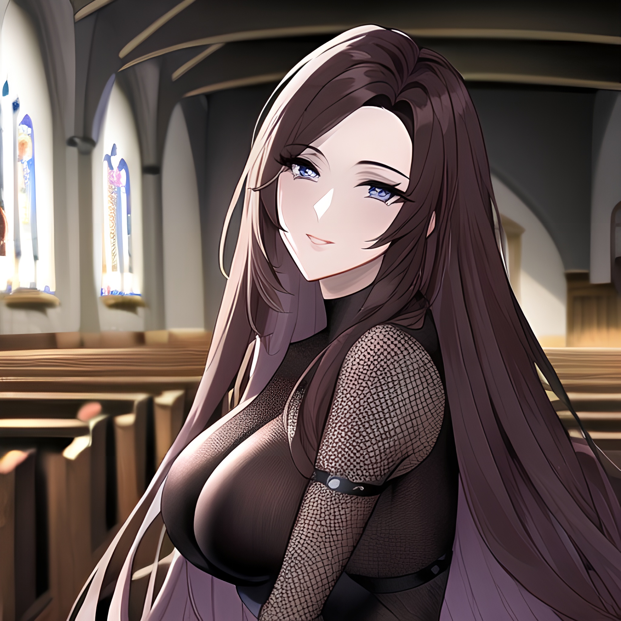 long hair woman fishnet church brunette messy hair 