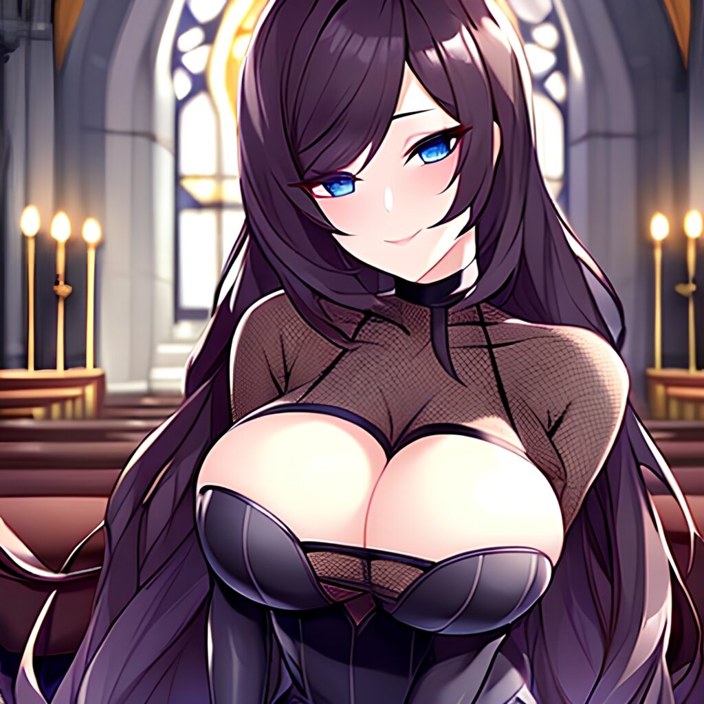 long hair woman fishnet church messy hair brunette 