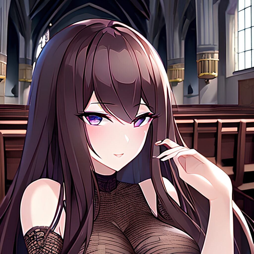 long hair woman fishnet church messy hair brunette 