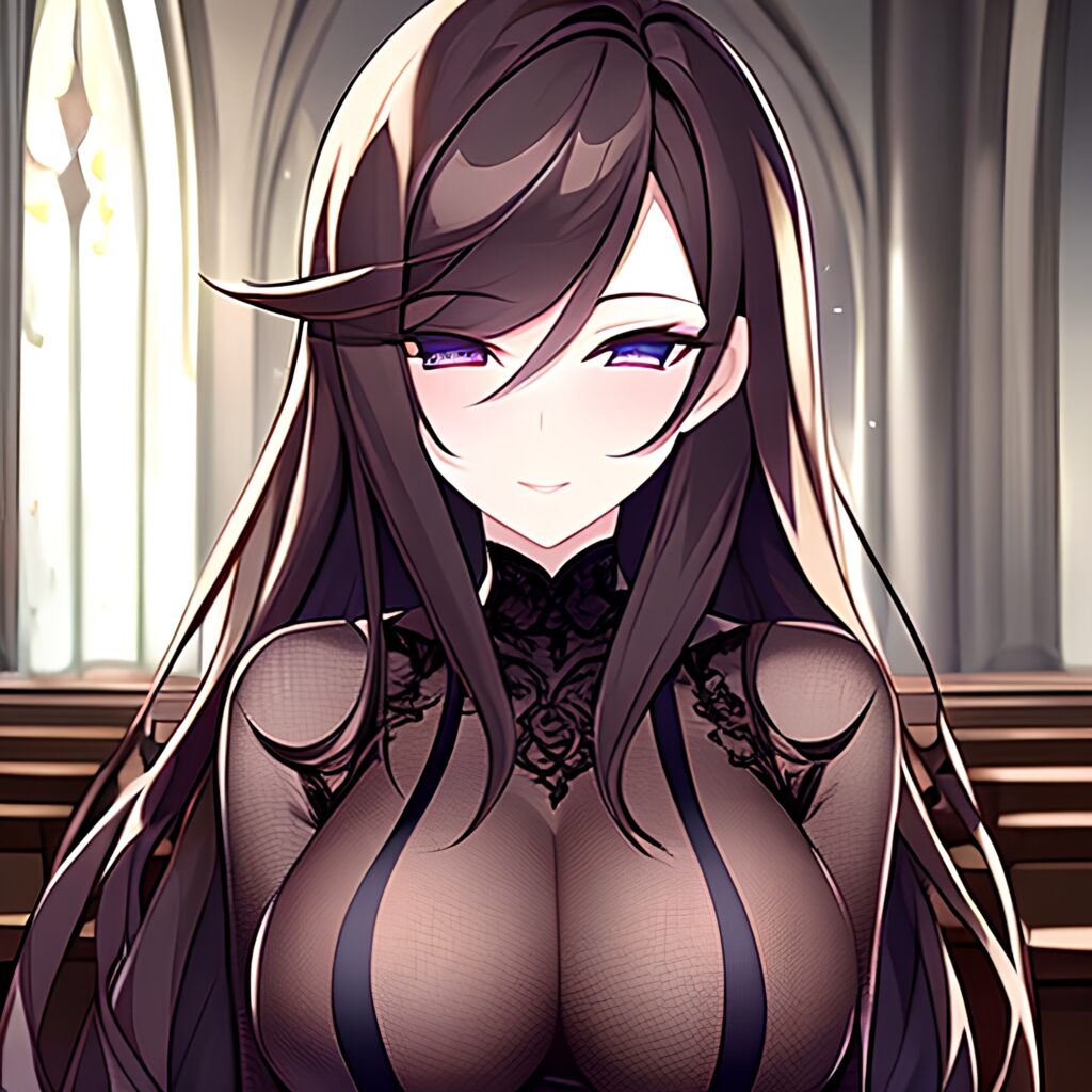 long hair woman fishnet church messy hair brunette 