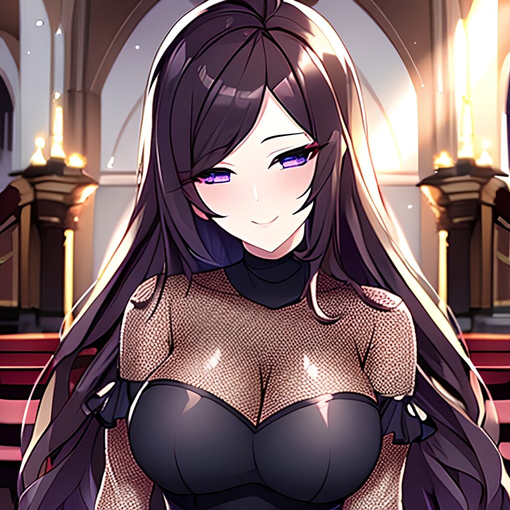 long hair woman fishnet church messy hair brunette 