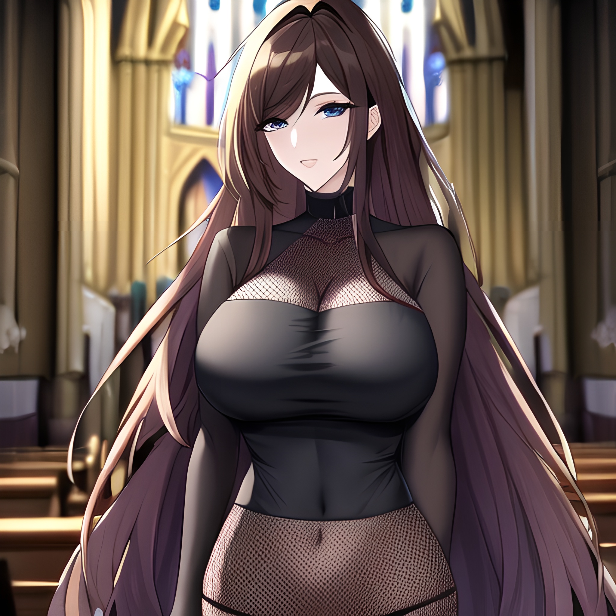 long hair woman fishnet messy hair brunette church 