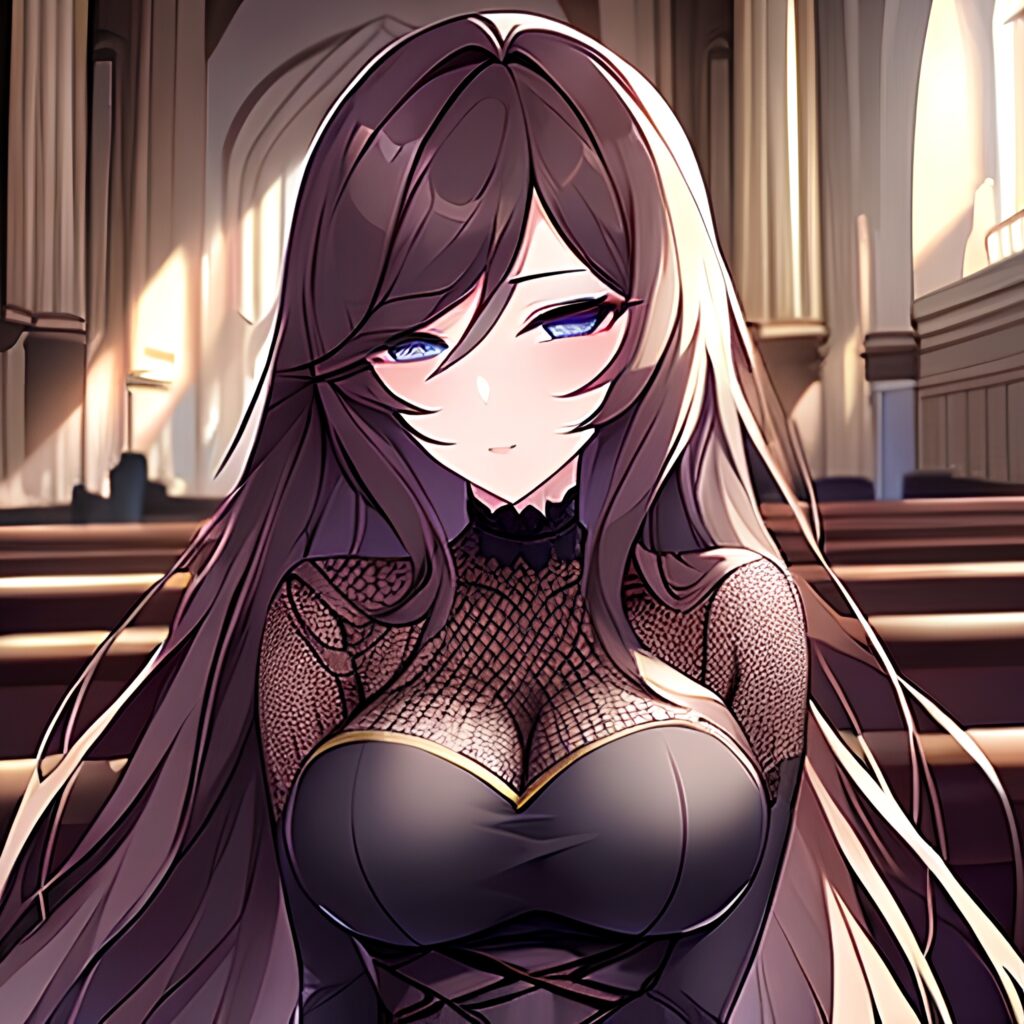 long hair woman fishnet messy hair brunette church 