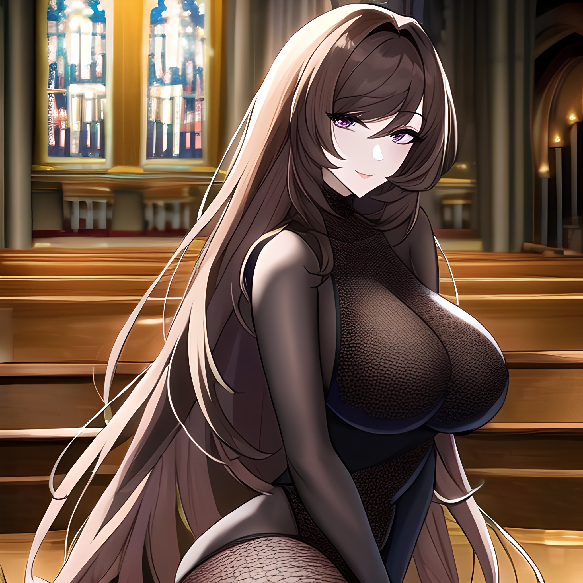 long hair woman fishnet messy hair brunette church 