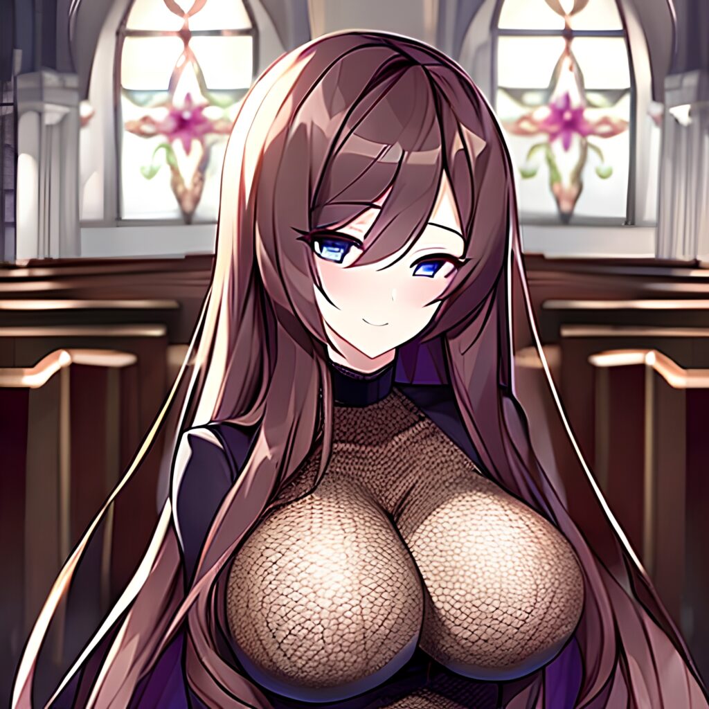 long hair woman fishnet messy hair brunette church 