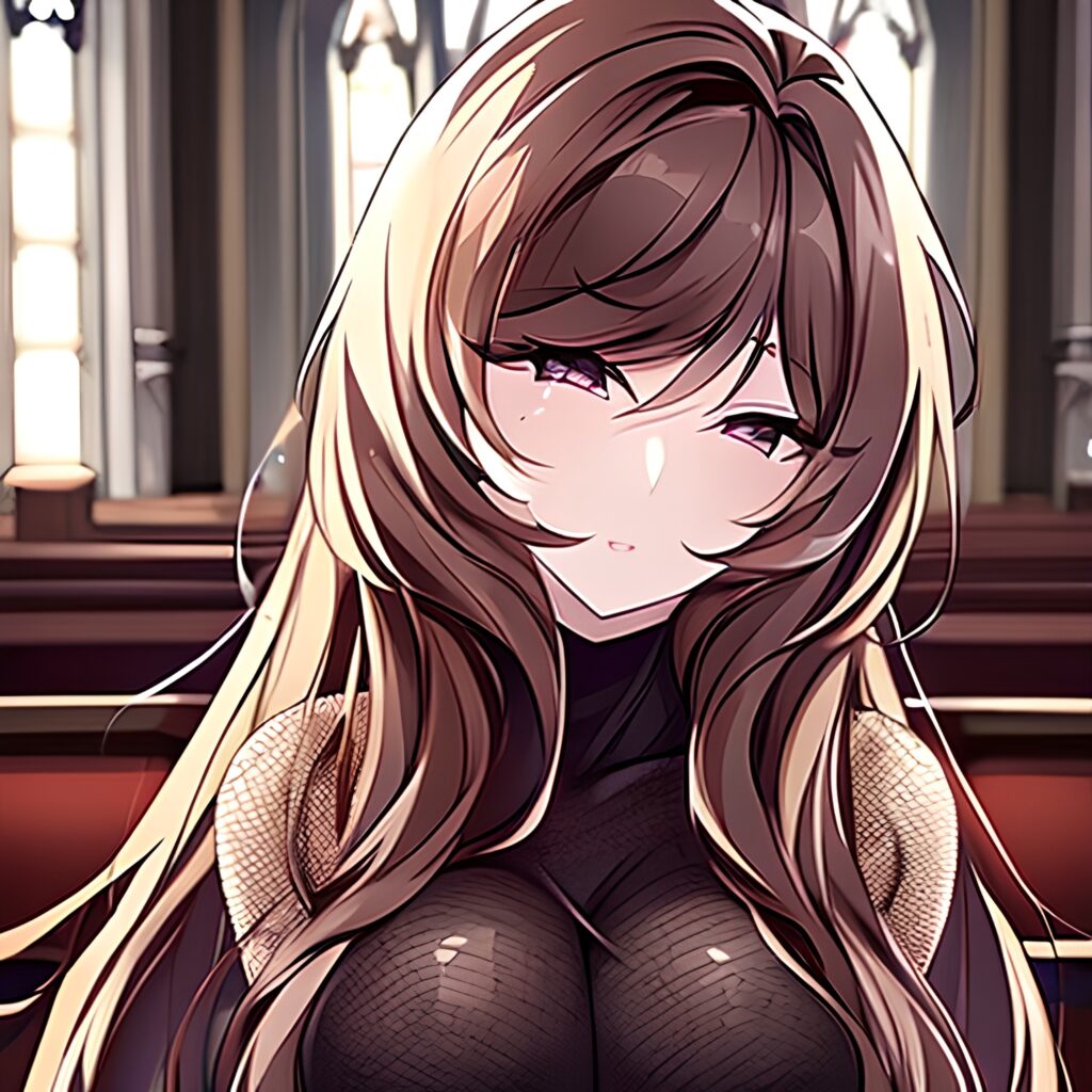 long hair woman fishnet messy hair brunette church 