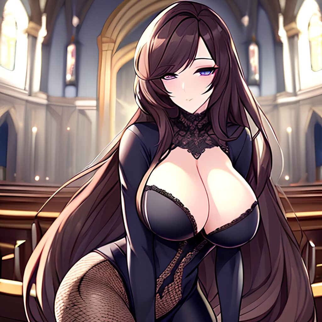 long hair woman fishnet messy hair brunette church 