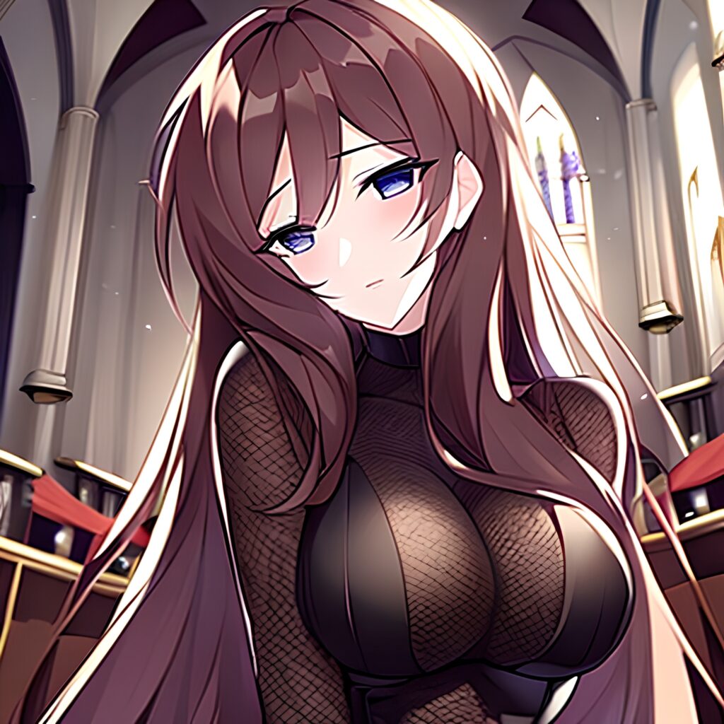 long hair woman fishnet messy hair brunette church