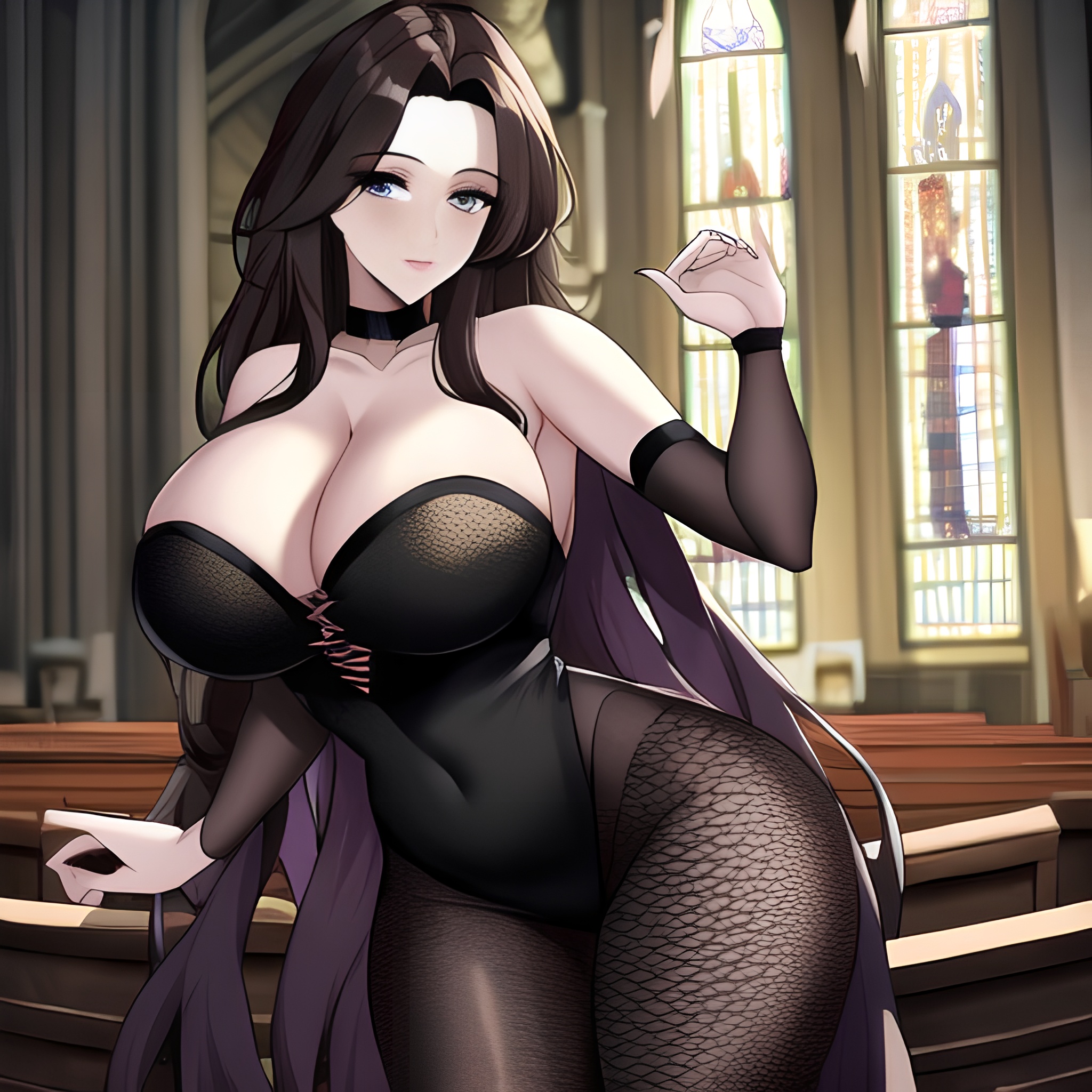 long hair woman fishnet messy hair brunette church 