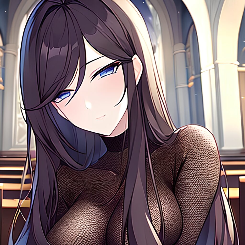 long hair woman fishnet messy hair brunette church 