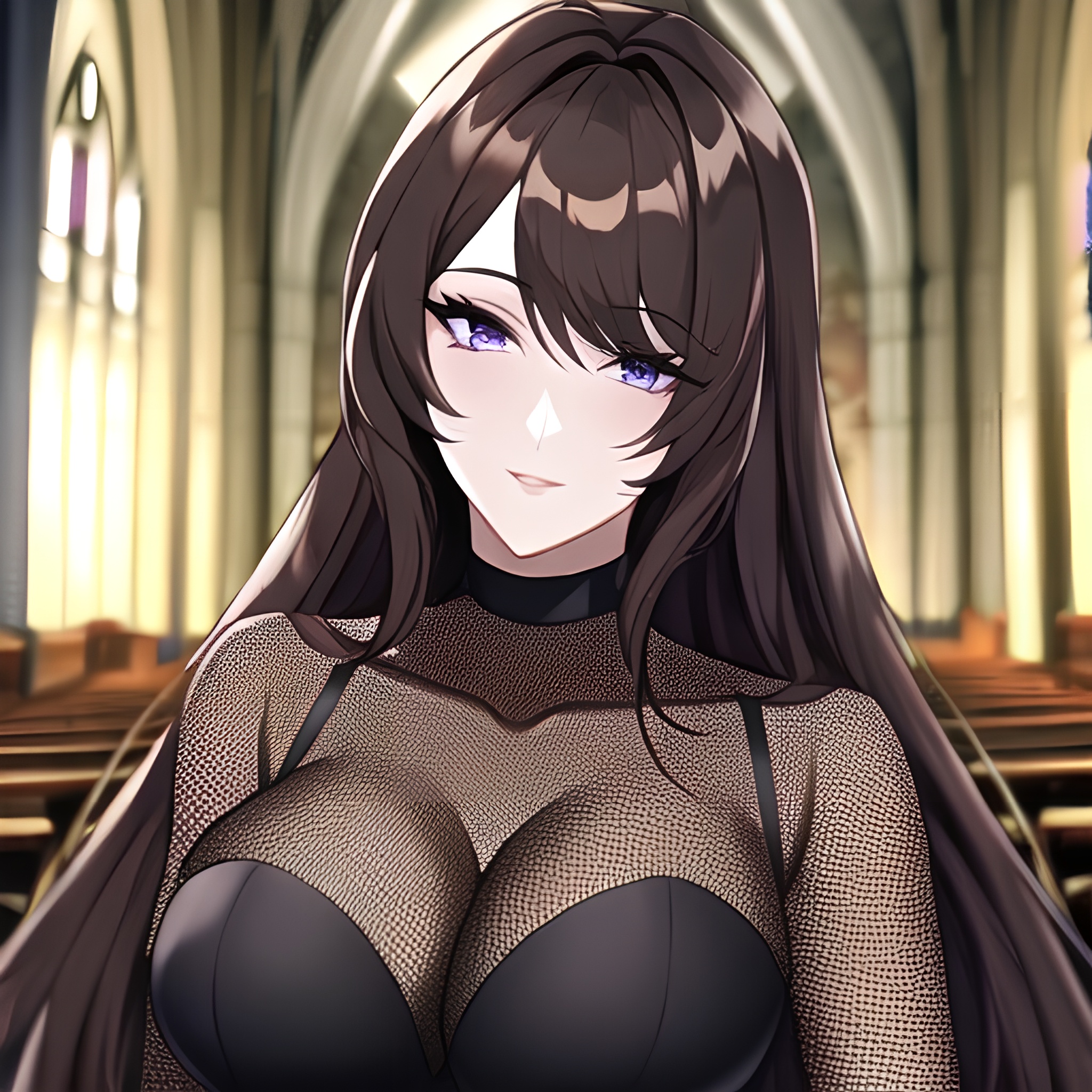 long hair woman fishnet messy hair brunette church 