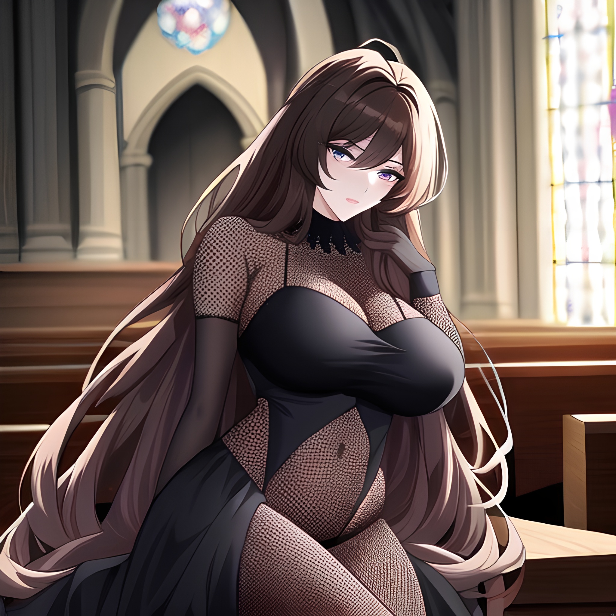 long hair woman fishnet messy hair brunette church 
