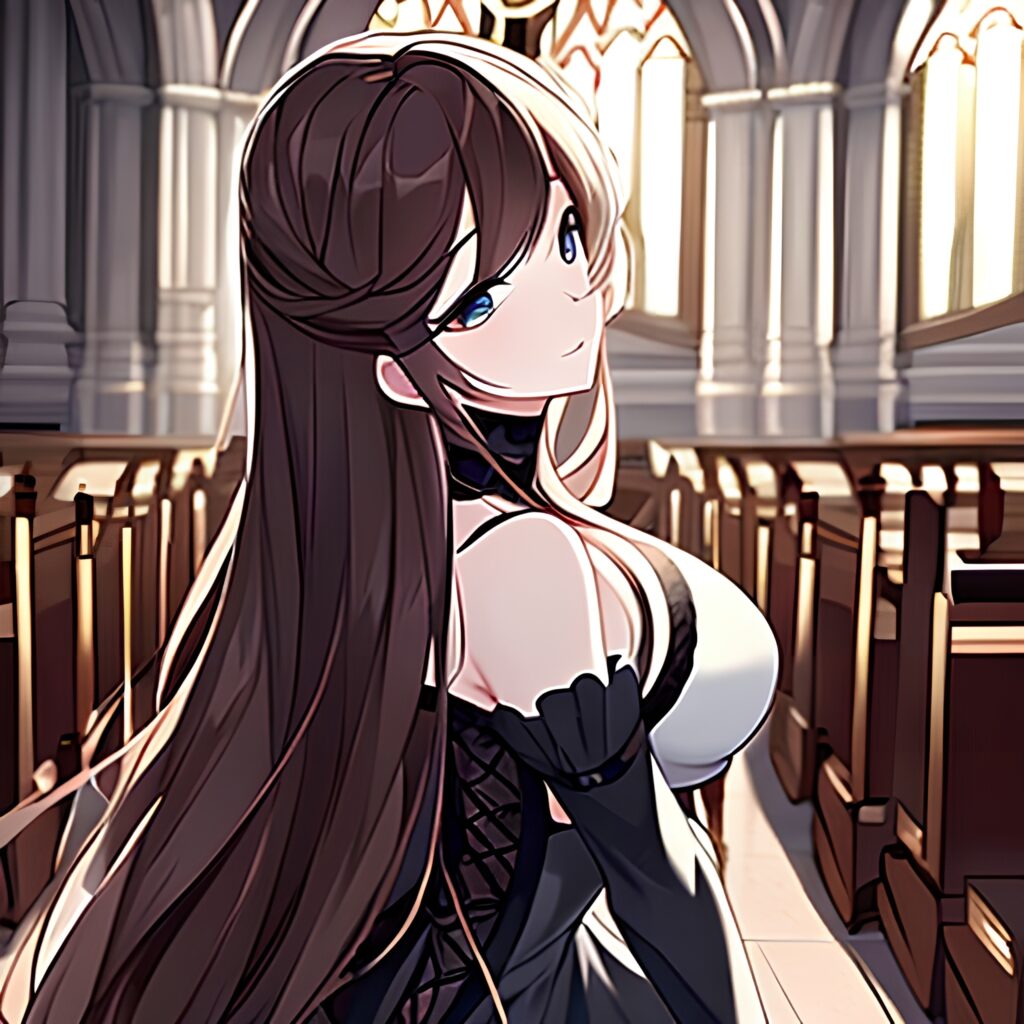 long hair woman fishnet messy hair church brunette 