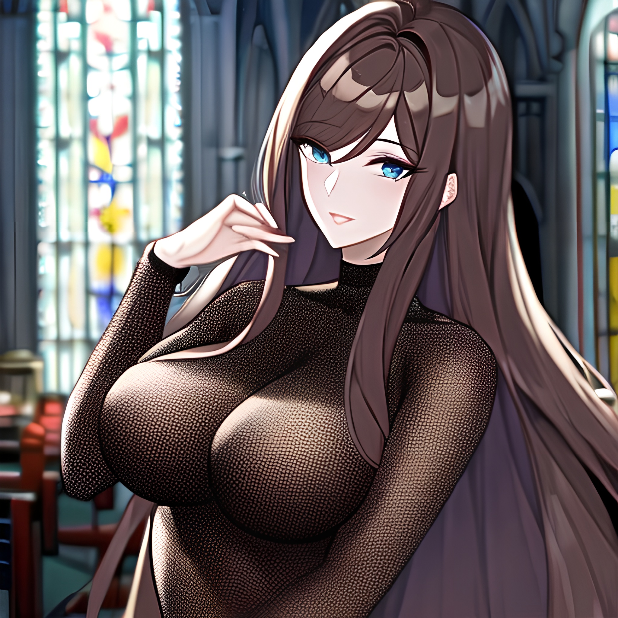 long hair woman fishnet messy hair church brunette 