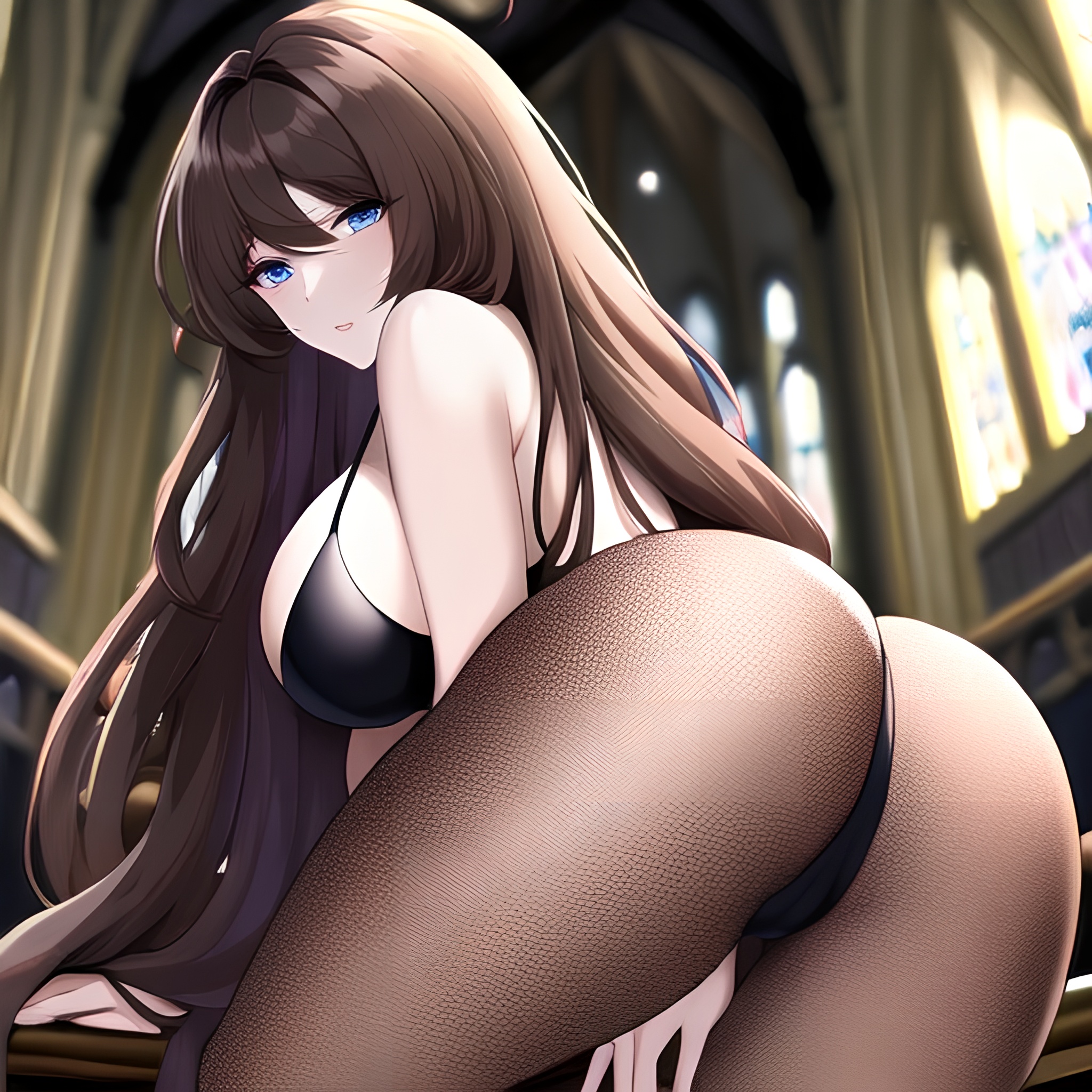 long hair woman fishnet messy hair church brunette 