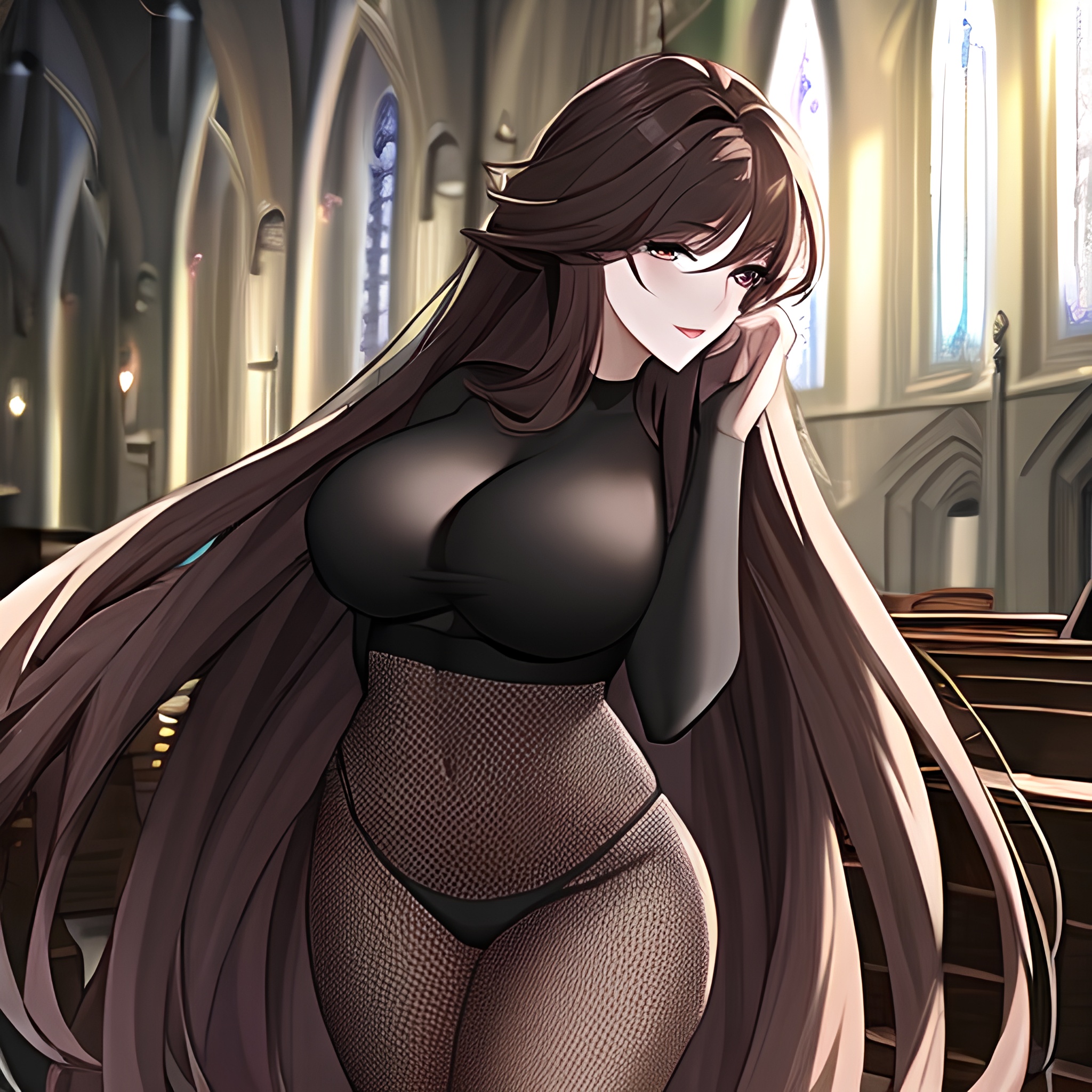 long hair woman messy hair brunette church fishnet 