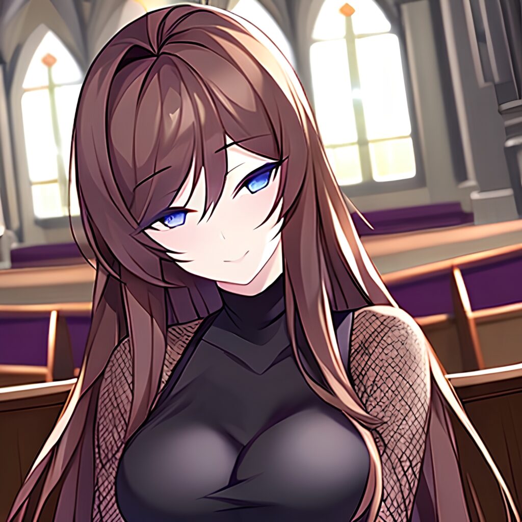 long hair woman messy hair brunette church fishnet 