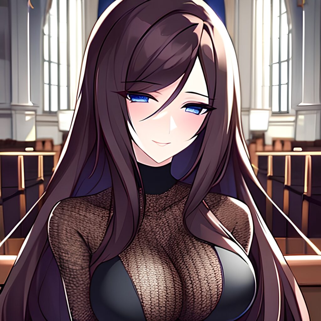 long hair woman messy hair brunette fishnet church 