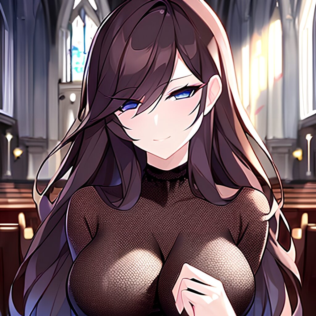 long hair woman messy hair brunette fishnet church 