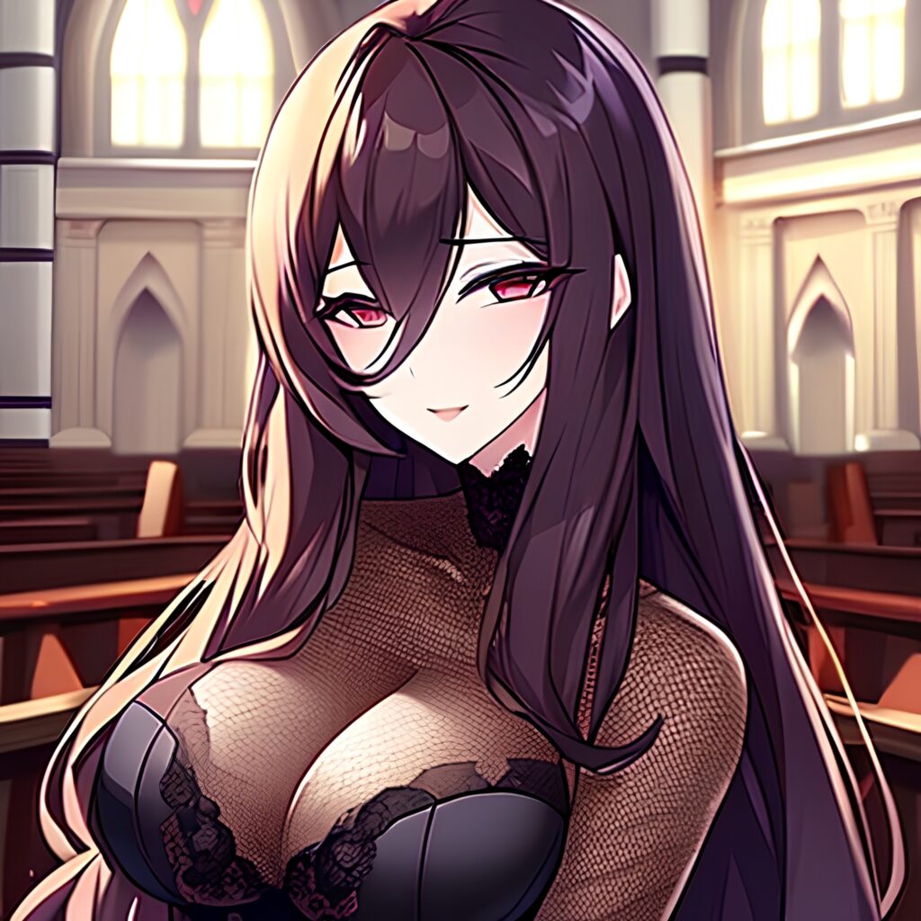 long hair woman messy hair brunette fishnet church 