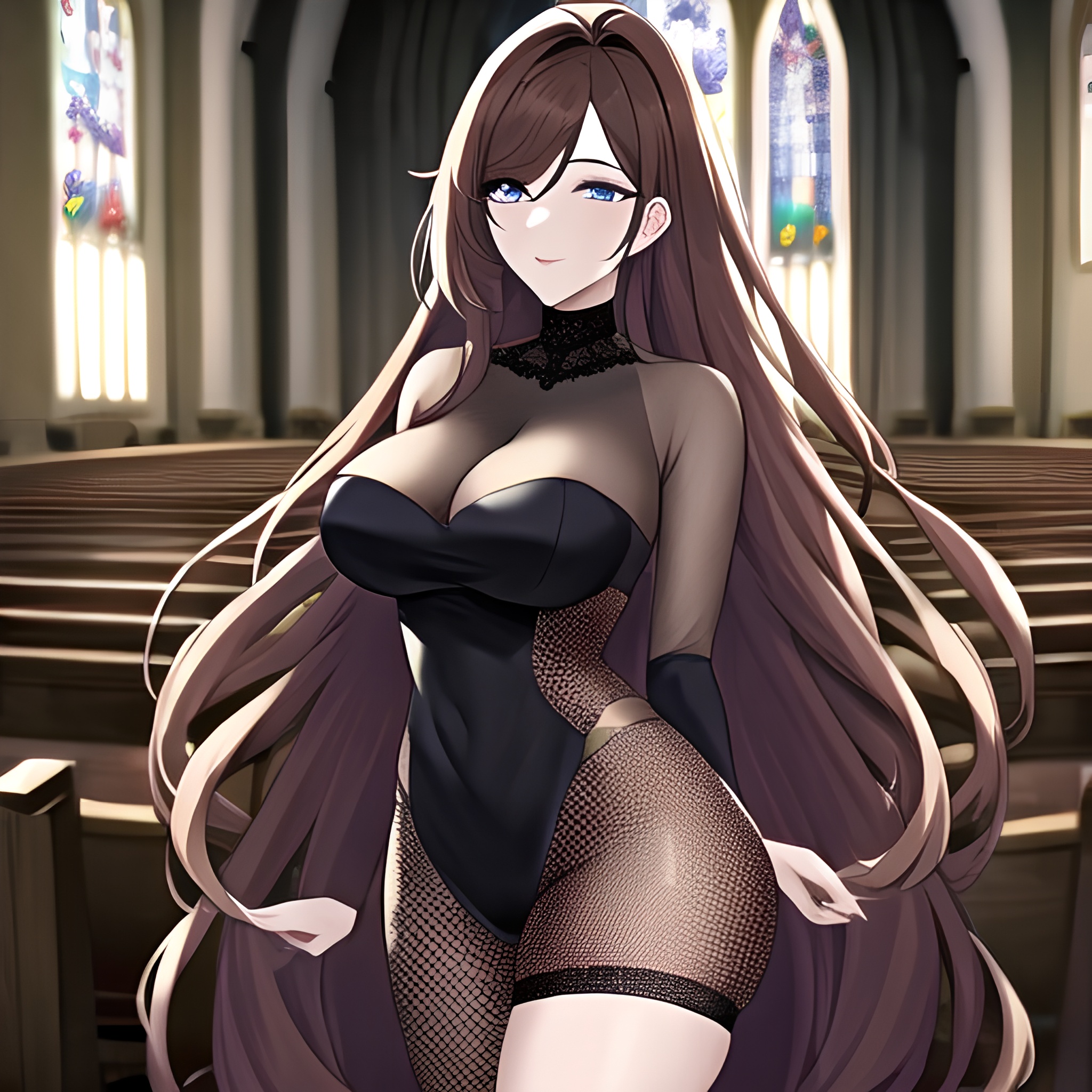 long hair woman messy hair brunette fishnet church 